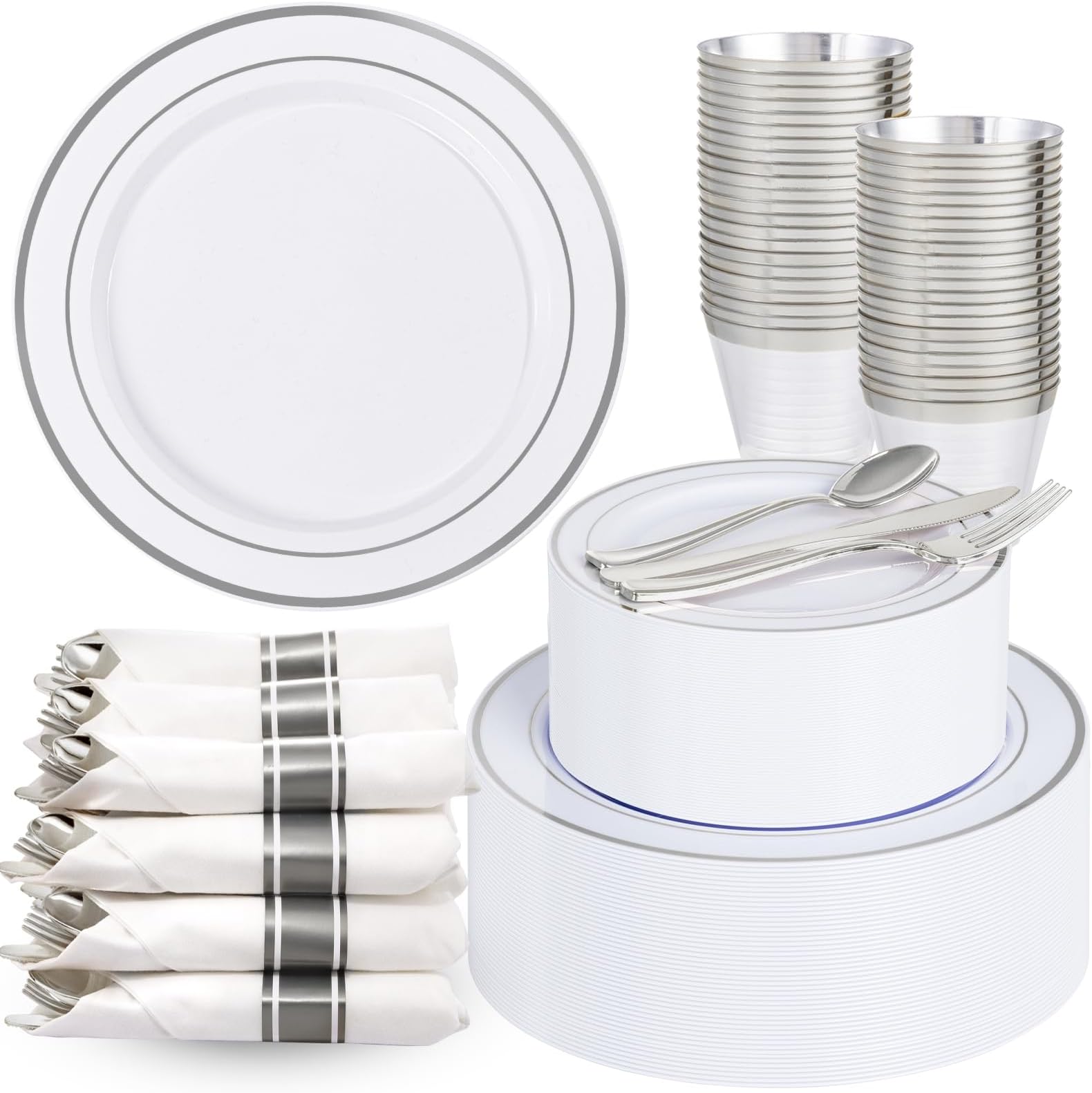 175PCS White Silver Plastic Dinnerware Set for 25 Guests, Fancy Disposable Plates for Party, Include: 25 Dinner Plates, 25 Dessert Plates, 25 Pre Rolled Napkins with Silver Silverware, 25 Cups