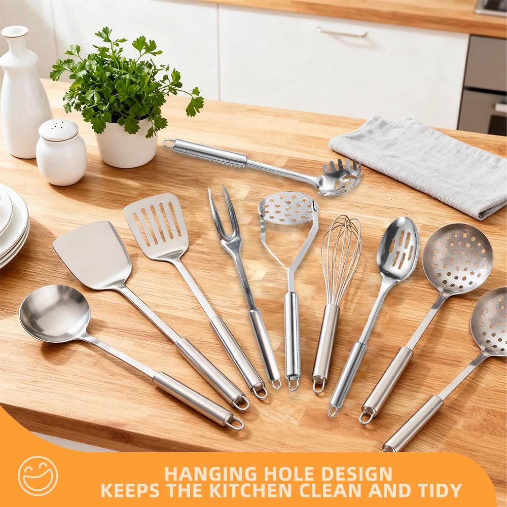 10er Küchenhelfer Set Küchenutensilien Edelstahl Kochlöffel Set Edelstahl Küchen Utensilien Set mit Pfannenwender, Suppenkelle, Schaumlöffel, Schneebesen usw