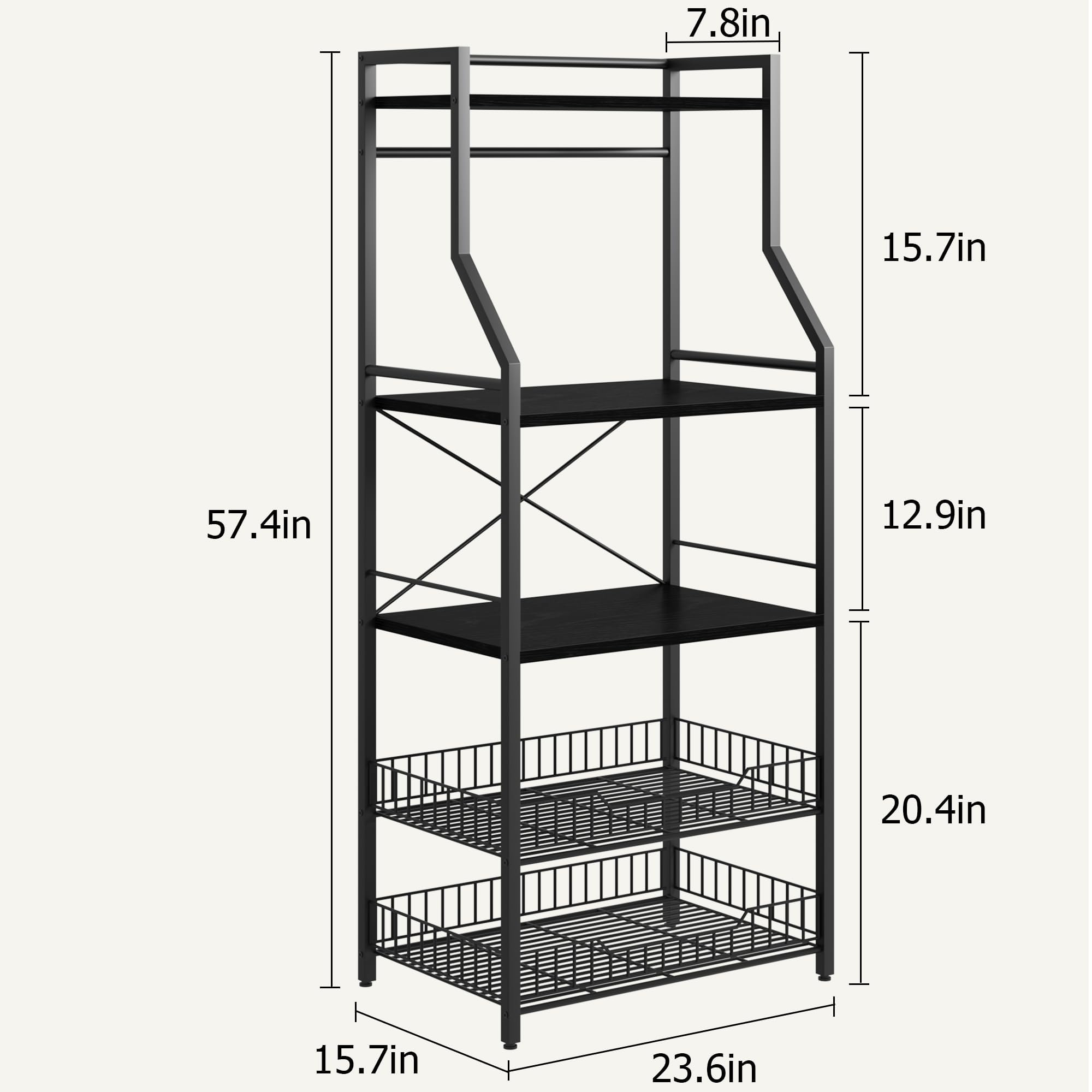 Garvee Estante industrial de cocina de 5 niveles con soporte para microondas – Estante negro con 2 cestas grandes y 8 ganchos para organizar especias y ollas