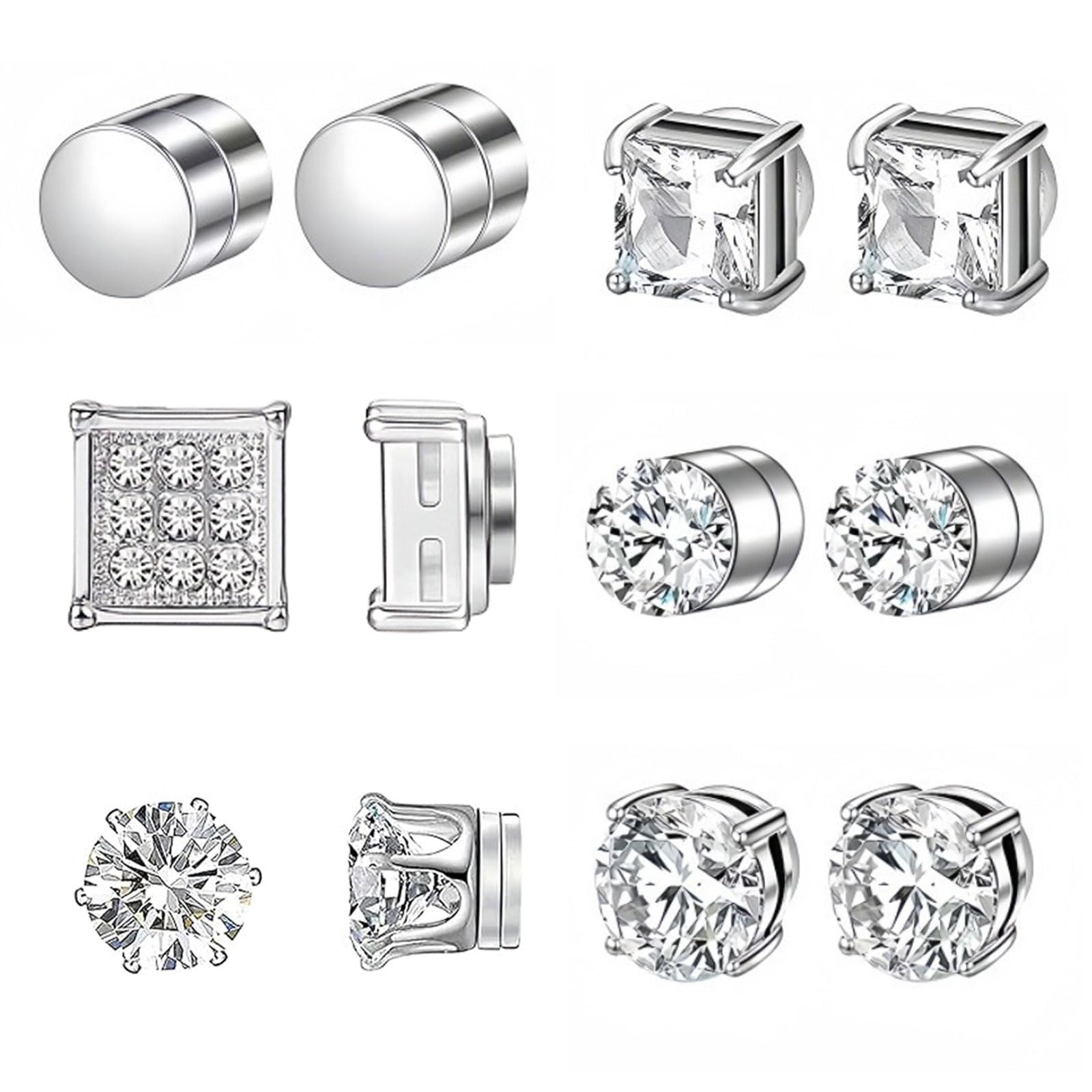 6 Pairs Stainless Steel Magnetic Stud Earrings for Men Women, Unisex Non Piercing Magnet Studs 6 to 8MM, Shiny Round Cubic Zirconia Diamond Stud Earrings Not Easy to Fall off