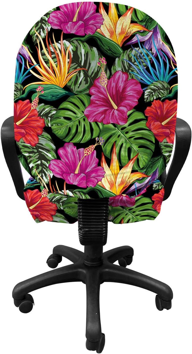Lunarable Tropical Office Chair Slipcover, Exotic Colorful Monstera Jungle Hibiscus Bloom Flowers Palm Leaves, Protective Stretch Decorative Fabric Cover, Standard Size, Green Charcoal