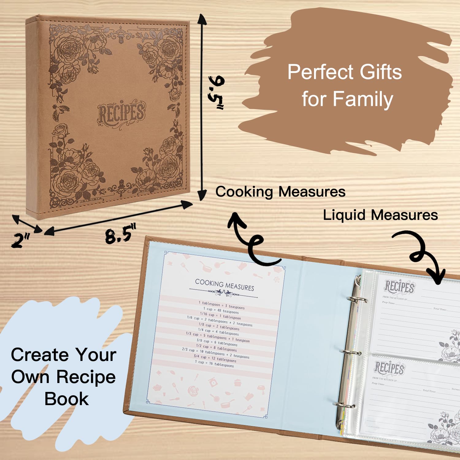 COFICE Ricettario per scrivere le tue ricette, 21,5 x 24,9 cm, raccoglitore ad anelli con copertina in similpelle PU, biglietti da 10 x 15 cm e divisori a schede, marrone