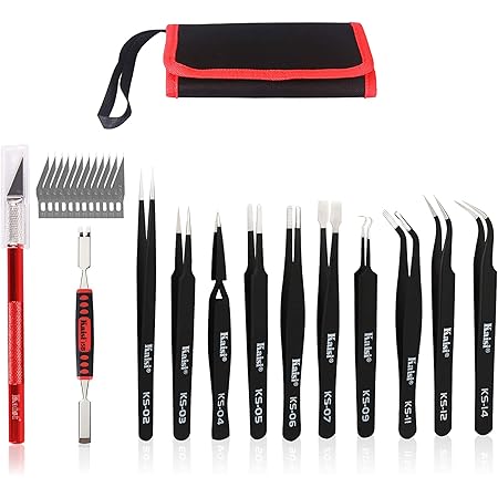 Precision Tweezers Set, Kaisi 12 PCS ESD Tweezer Set, Anti-Static Stainless Steel Tweezers Kit Curved Tweezers for Craft, Jewelry, Electronics, Laboratory Work