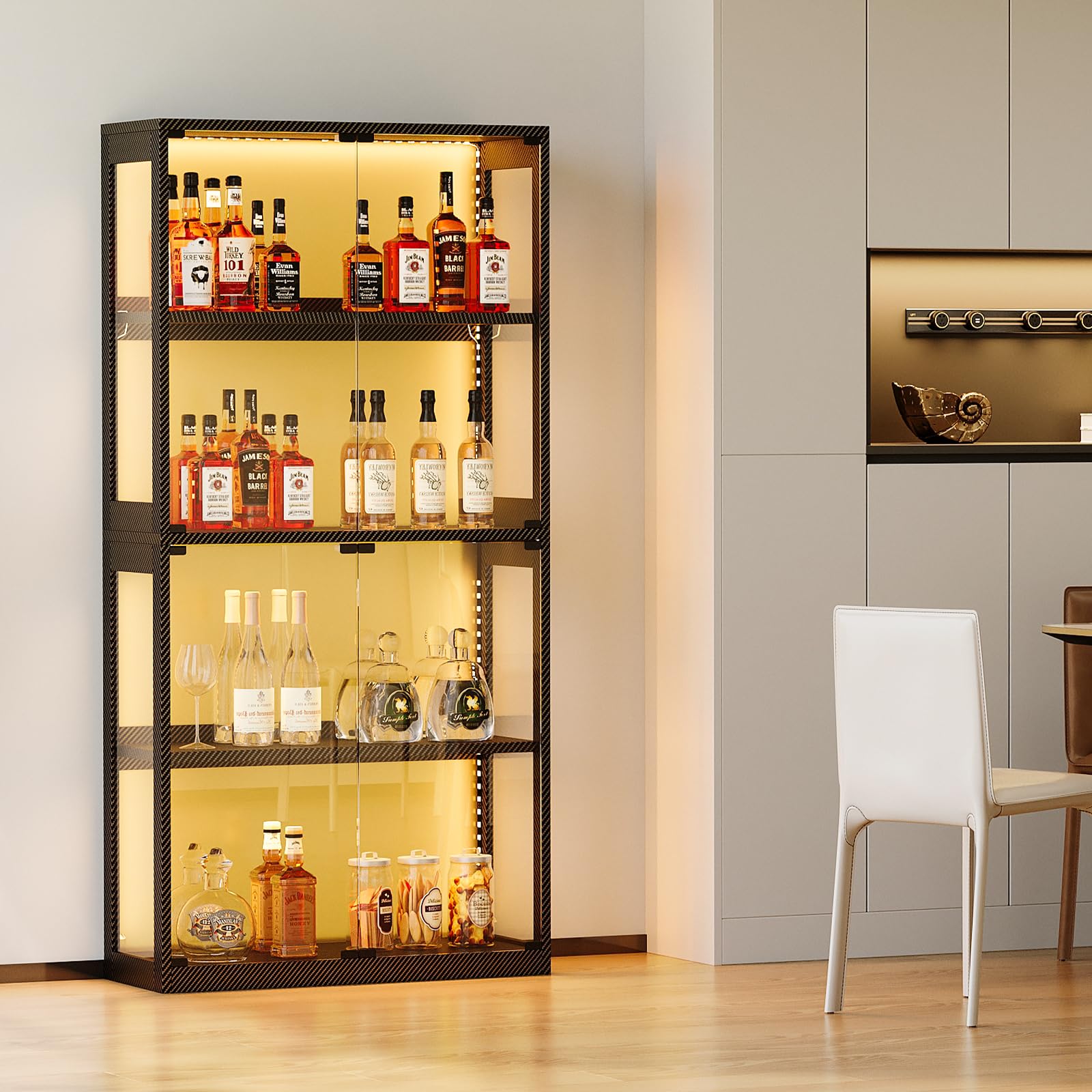 Coleshome Vitrina Cristal LED 4 Estantes, Expositor Puertas, 160cm, Negro | Montaje Fácil Acrílico 360° Anticaída Mando Fibra Carbono Cerrado Salón Oficina Gaming