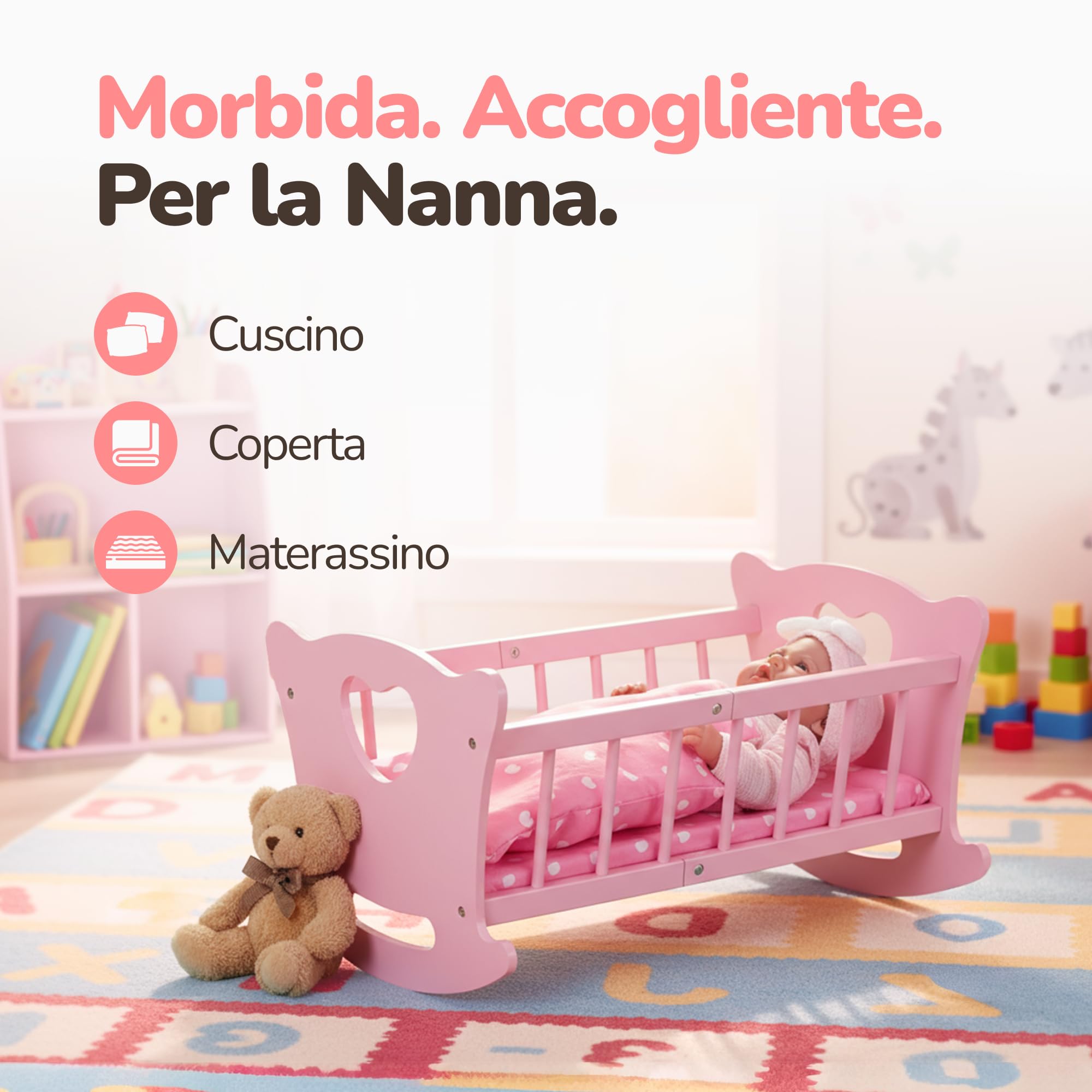 Kinderplay Culla per bambole in legno con biancheria da letto, letto a dondolo per bambole fino a 49,5 cm, giocattolo sostenibile in legno per ragazze dai 3 anni in su, letto per bambole con materasso