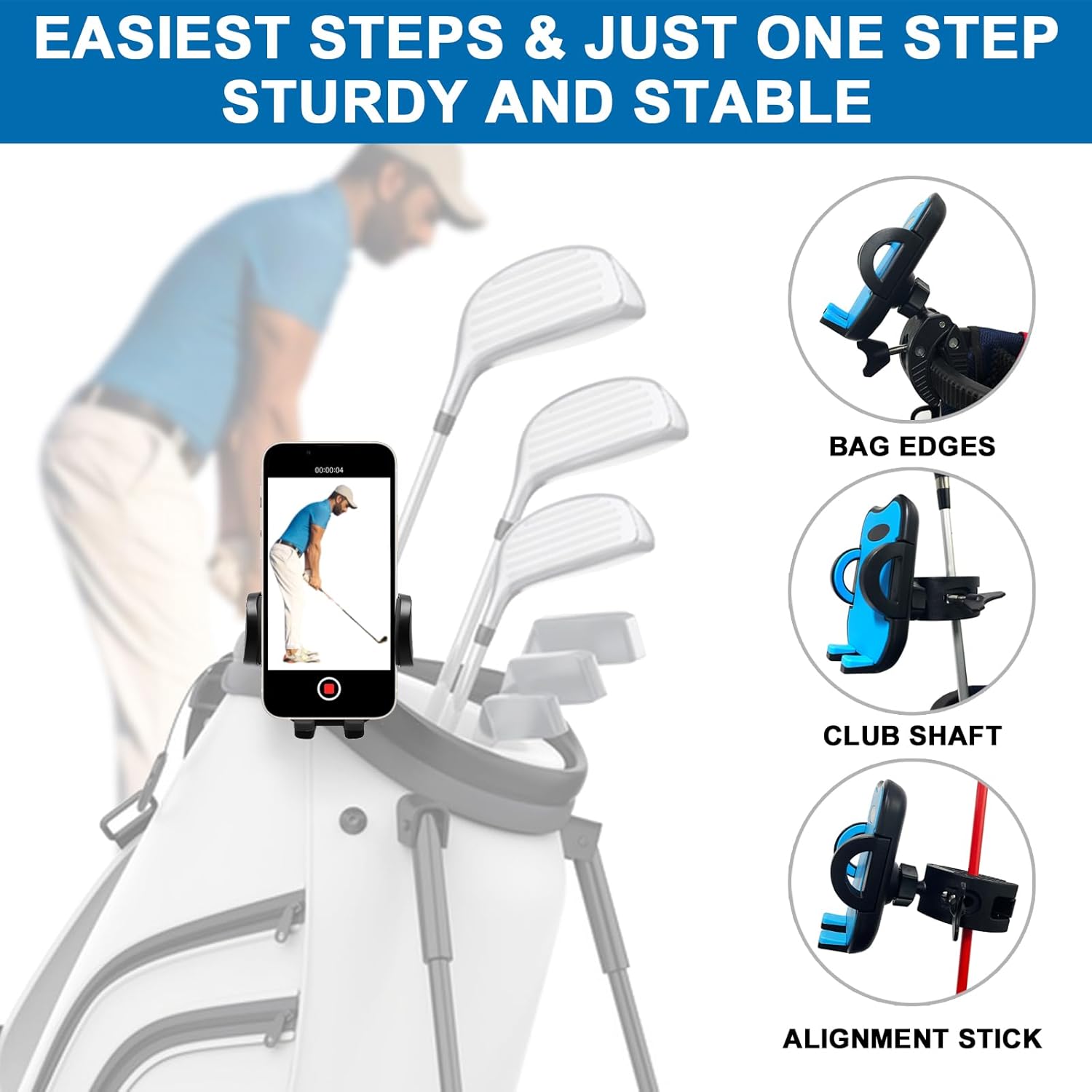 ONHAWKS-Golf Cart Cell Phone Holder Record Swing and Putting Accessories| Selfie Putter Training Aid Works with Any Golf Bag, Club and Alignment Sticks