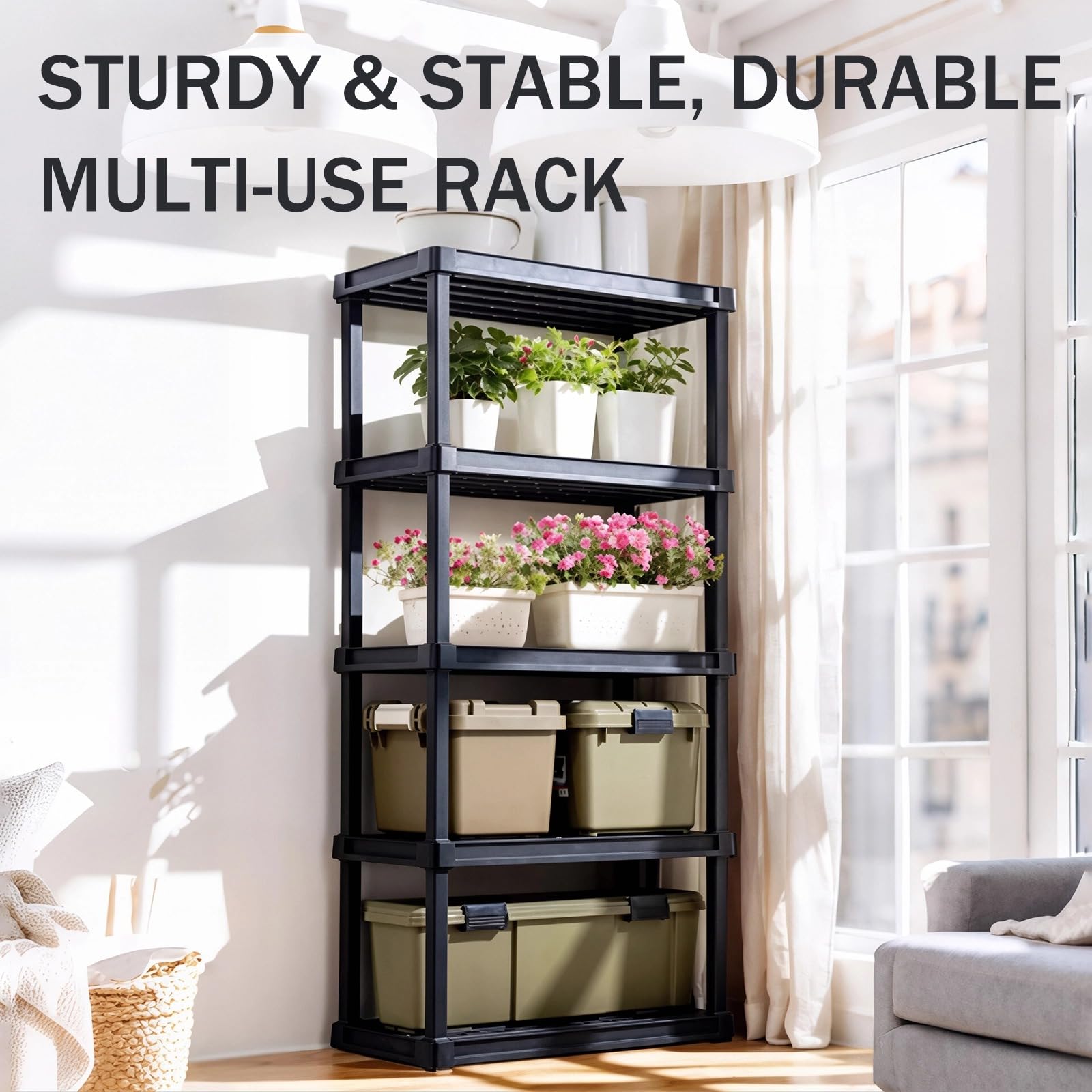Scaffali in plastica resistente, scaffale a 3/5 ripiani, capacità 30 kg per ripiano, design ventilato per garage, cantina e cucina, dimensioni: 91,4 x 45 x 186,3 cm
