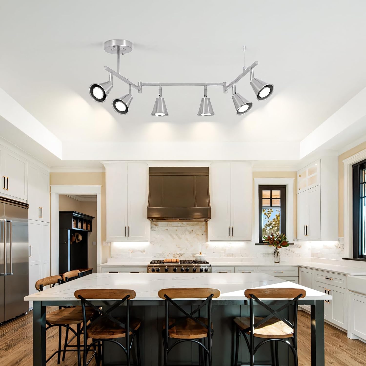 SEEBLEN 6-Light Modern Track Lighting Fixtures Ceiling, Flexible Foldable Arm and Rotatable Light Head,Nickel Kitchen Track Lighting for Kitchen Islands, Dining Rooms, Bars, Closets, Workbenches.