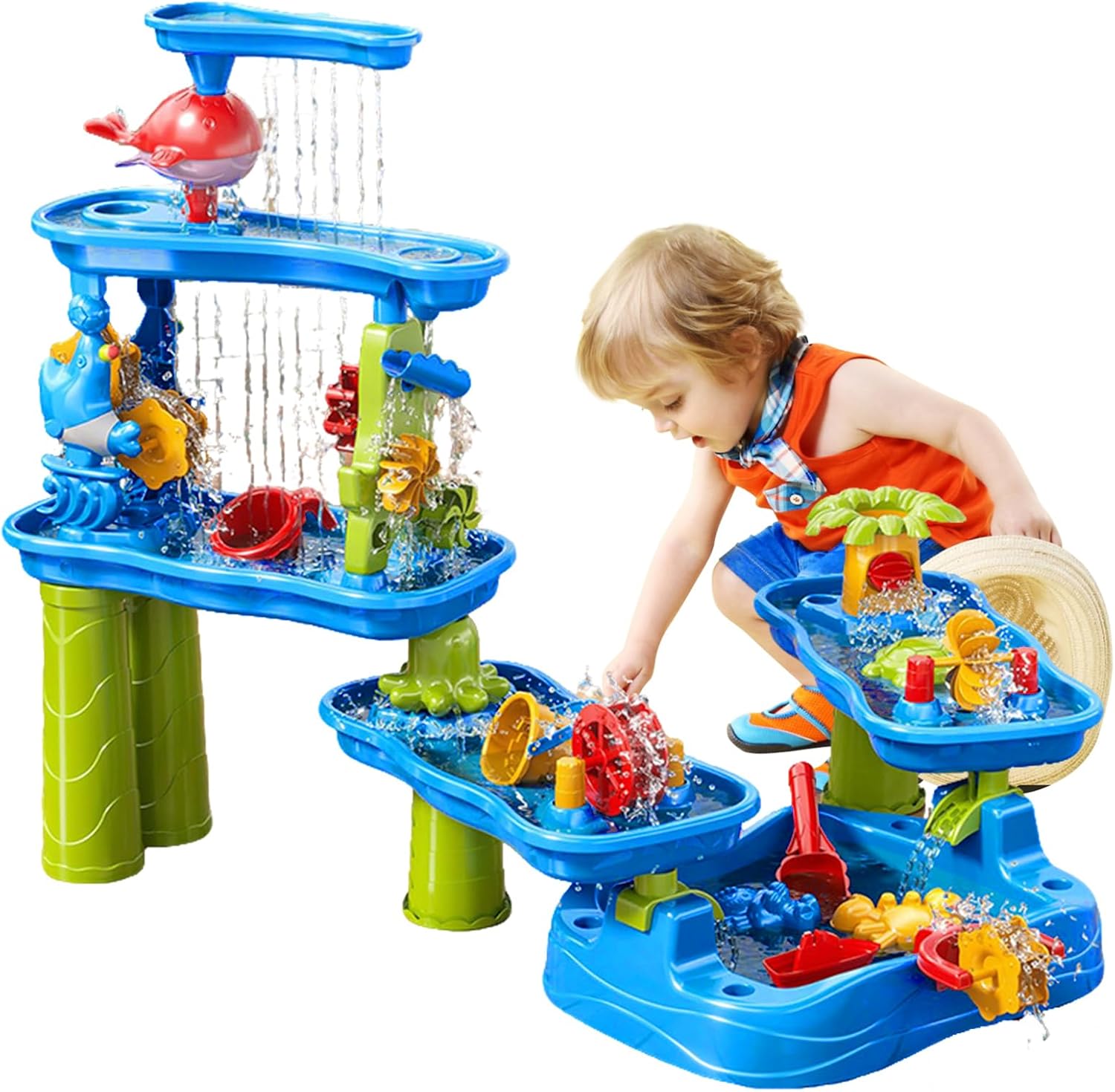 Kids Summer Beach Multi-Level Design Sand Water Table, Toddlers Sensory Play Table, Large Outdoor Activity Toys for Multiple Children