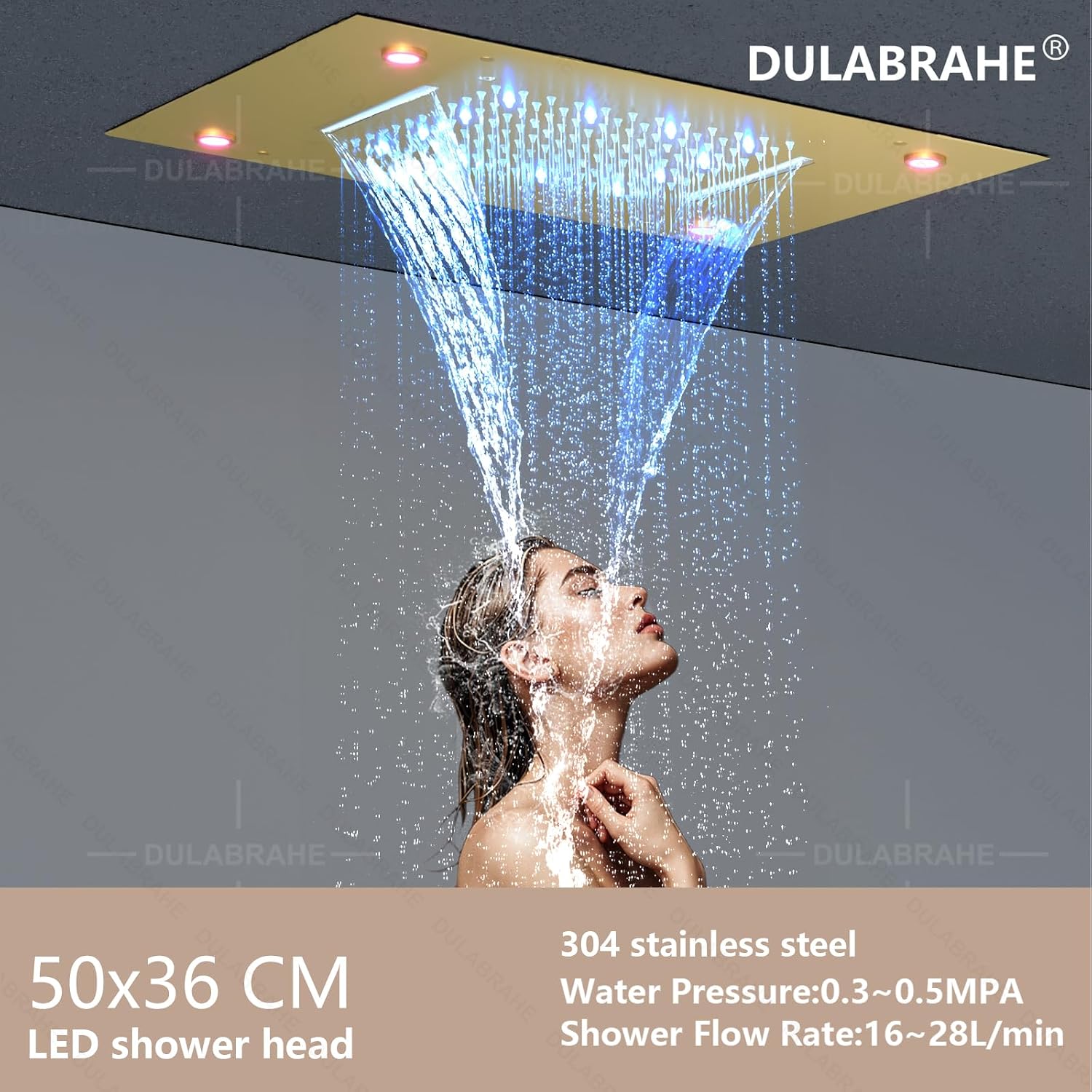 Smart Thermostatic Waterfall and Rainfall Shower System Fixtures Set 14 X 20 Inch LED Ceiling Rain Shower Head With Hand Shower (Brushed Gold)
