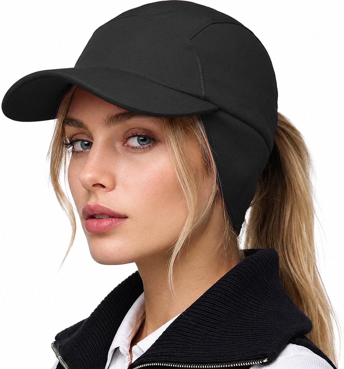 DRESHOW Water-Resistant Winter Hat for Women Warm Ponytail Baseball Cap Fleece Earflap Cap Winter Sports Hat for Running
