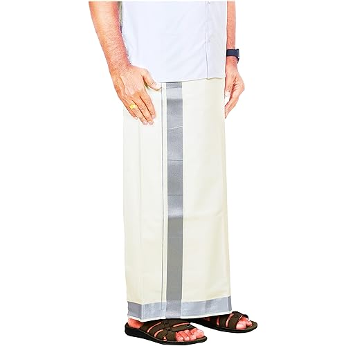 YETTALAN® Mens Cream 100% Cotton Dhoti 4.00 Mtrs with Rich Jari Border Dhothi/Vesti/Mundu (1.5 INCH SILVER), 1.5 INCH SILVER, 4.00 x 1.30 Meters