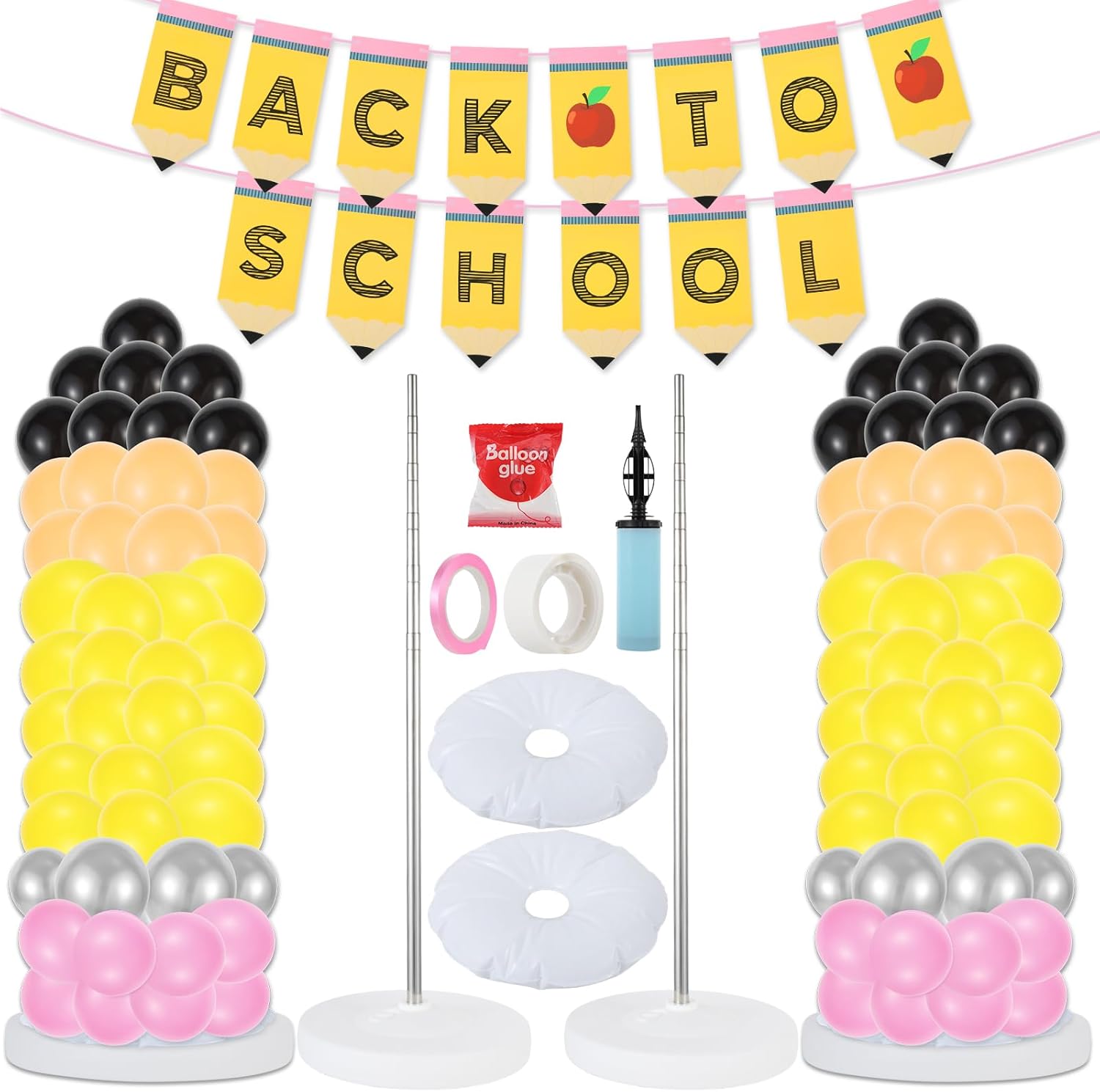 192Pcs Back to School Pencil Balloons Large Colorful DIY Stand Kit Yellow Black Silver Pink Apricot for Welcome First Day of School Classroom Party Decor(Balloon+Bracket)