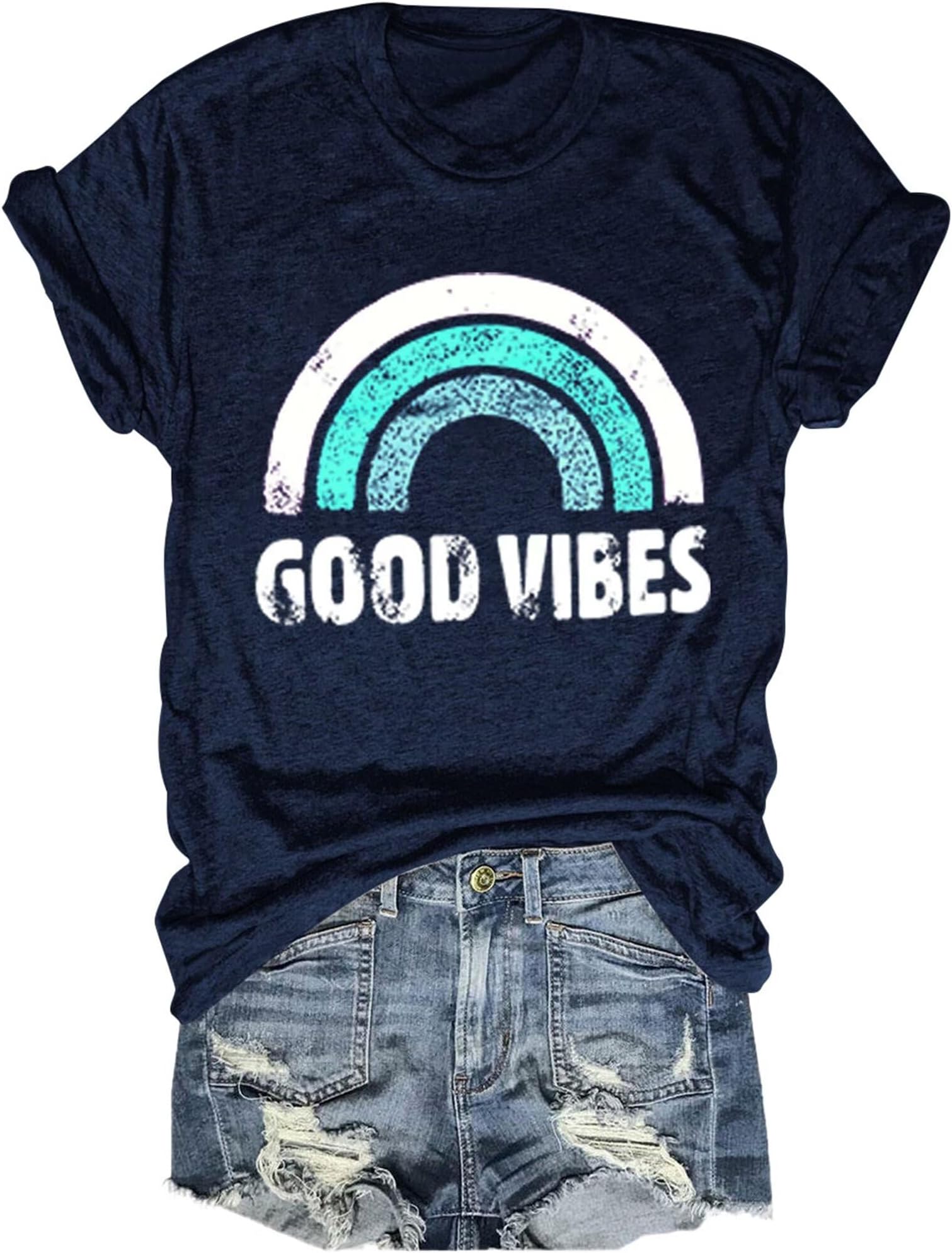 Women Graphic Tees Short Sleeve Shirts Summer Tops Funny Letter Print Crew Neck Casual Loose Cute Rainbow T Shirts
