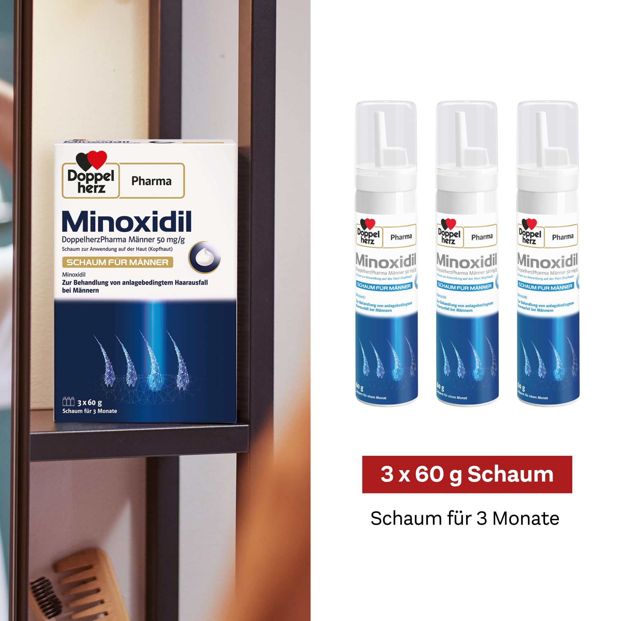 Minoxidil DoppelherzPharma Männer 50 mg/g Schaum zur Anwendung auf der Haut (Kopfhaut) – Arzneimittel zur Behandlung von erblich bedingtem Haarausfall bei Männern ab 18 Jahren (3 x 60g)