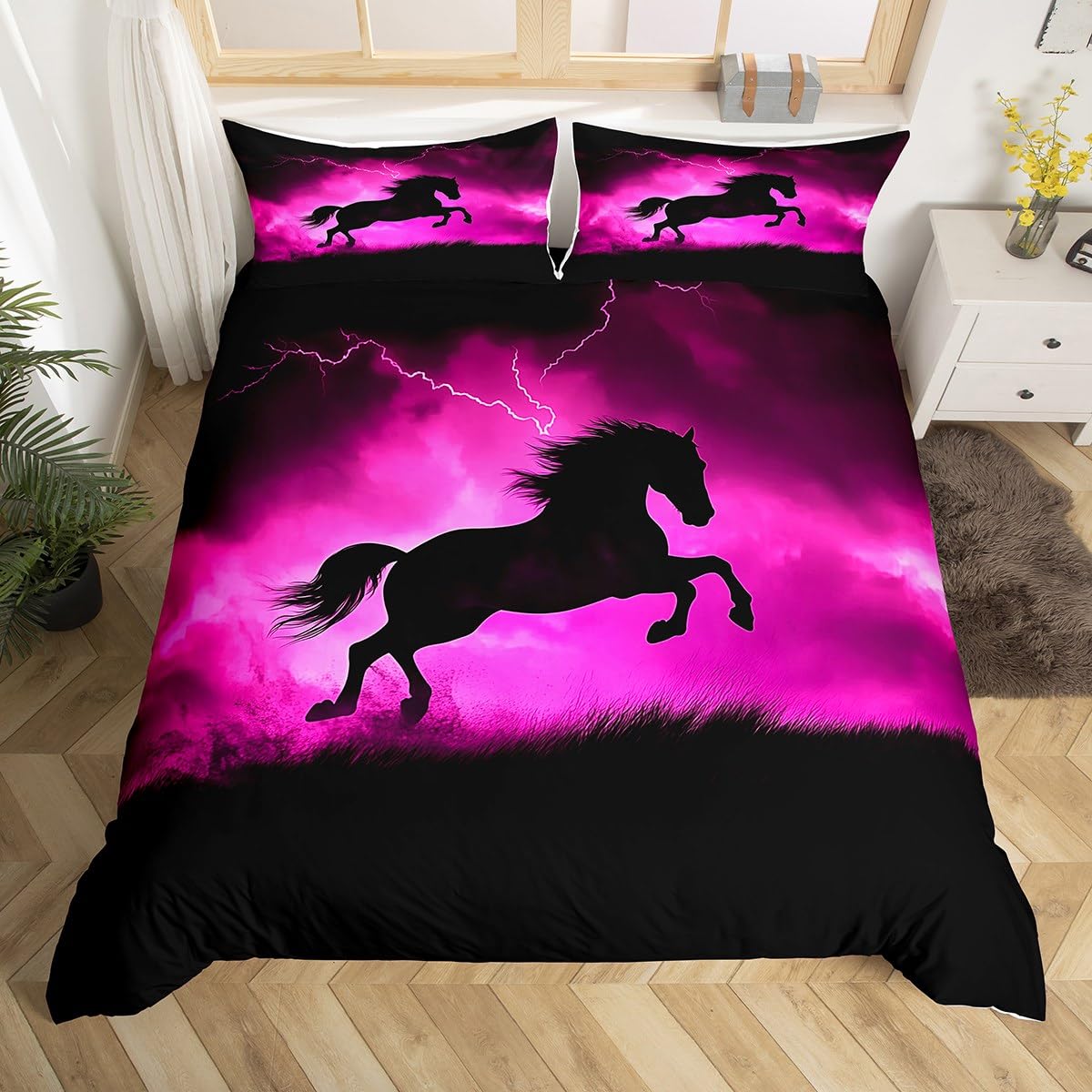 Parure de lit 1 personne motif cheval noir avec taie d'oreiller