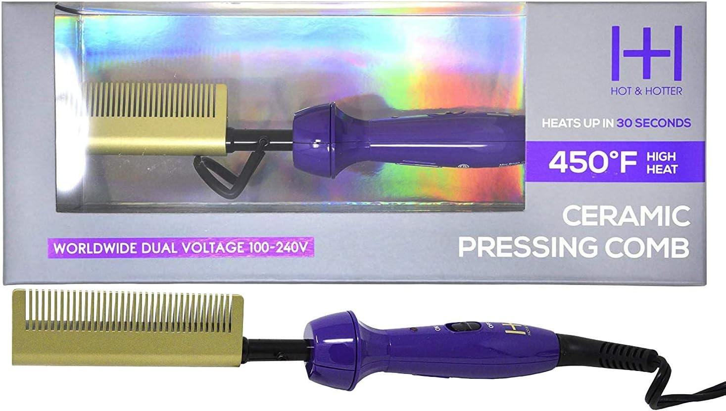 Hot & Hotter - Ceramic Electrical Pressing Comb - Purple & Gold - Up to (450) - (360) Swivel Cord - Worldwide Dual Voltage