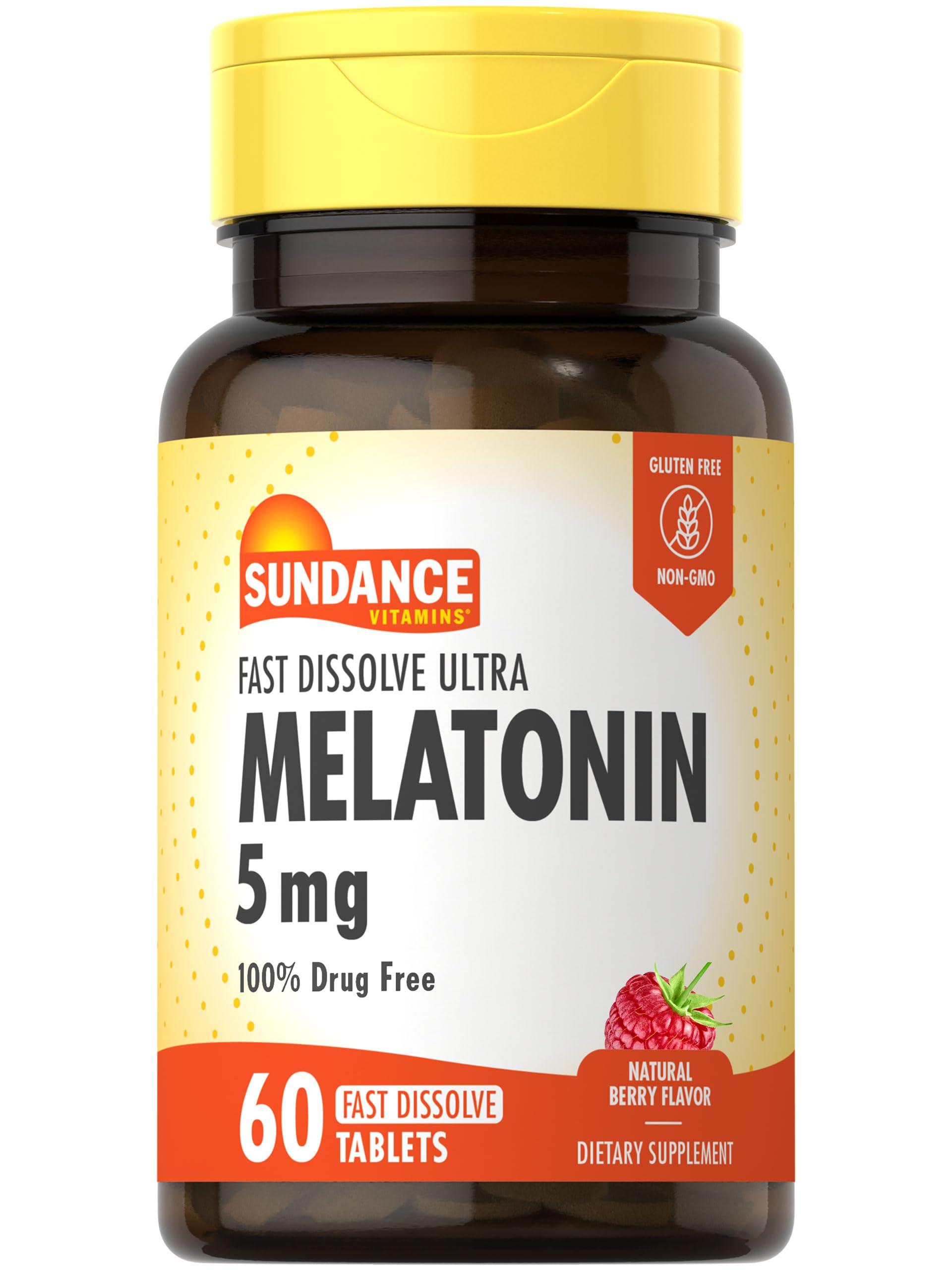 Tabletas de melatonina Sundance de 5 mg de disolución rápida | 60 unidades | Sabor natural a frutos rojos | Suplemento vegetariano, sin OMG ni gluten