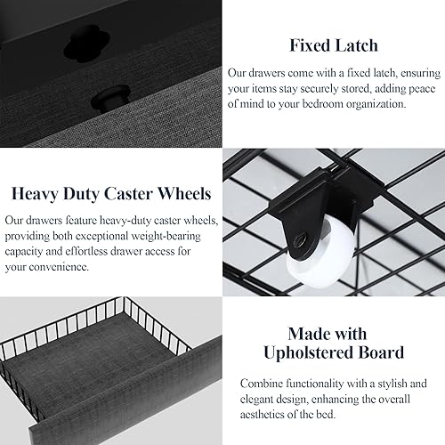 Miniatura 7 de Loomie Base de cama Queen con 4 cajones de almacenamiento y estación de carga, cama de plataforma tapizada con cabecera de almacenamiento con