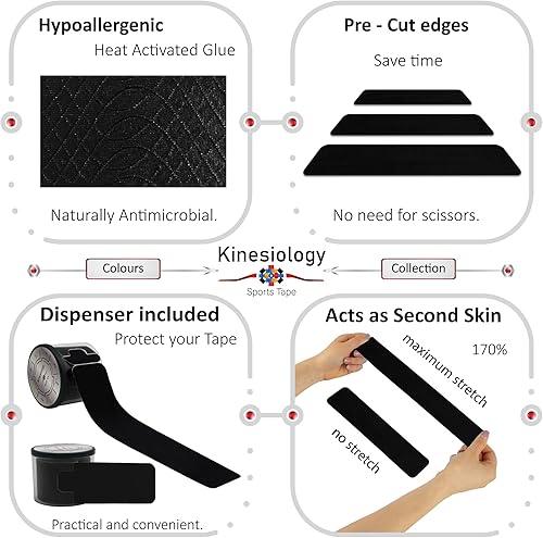 Vista 3 de Cinta de kinesiología precortada con dispensador – Cinta muscular deportiva sintética – Negro – Rollo de 16.4 ft – 20 tiras – Cinta de fisioterapia