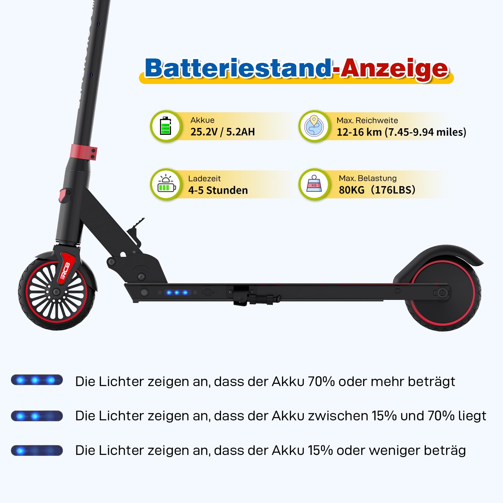 RCB TECH E-Scooter Kinder (8-12-16 Jahre) - Faltbarer Elektroroller für Kinder - Max Reichweite 16 KM - Max. 20 KM/H - Geschenk für Kinder und Jugendliche