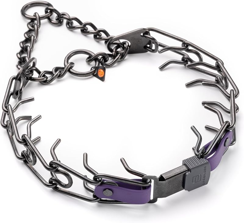 Coleira de Pinos para Cães Herm Sprenger em Aço Inoxidável Preto com Fecho ClicLock, Anel O-Ring e Inserto de Biothane Violet Purple, 63,5 cm x 4 mm