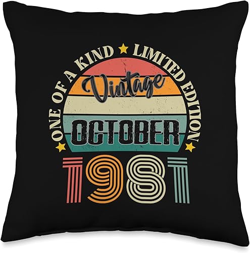 43 Year Old Vintage October 1981 43rd Birthday Retro Throw Pillow, 16x16, Multicolor