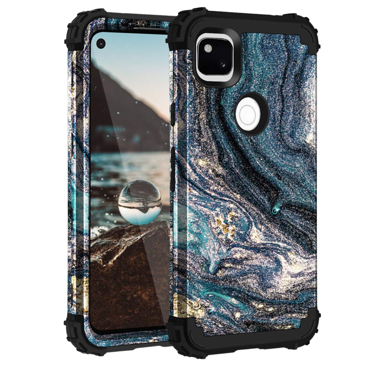 Casewind Hybrid Shockproof Case for Google Pixel 4A 4G - Marble 3 in 1 TPU Bumper Protective Cover - Navy Blue