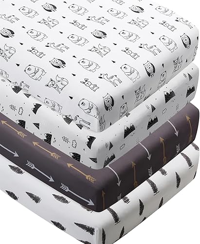 Juego de 4 sábanas ajustables unisex para cuna de bebé, diseño de animales del bosque del bosque, de madera, neutro, para bebés, niños o niñas,