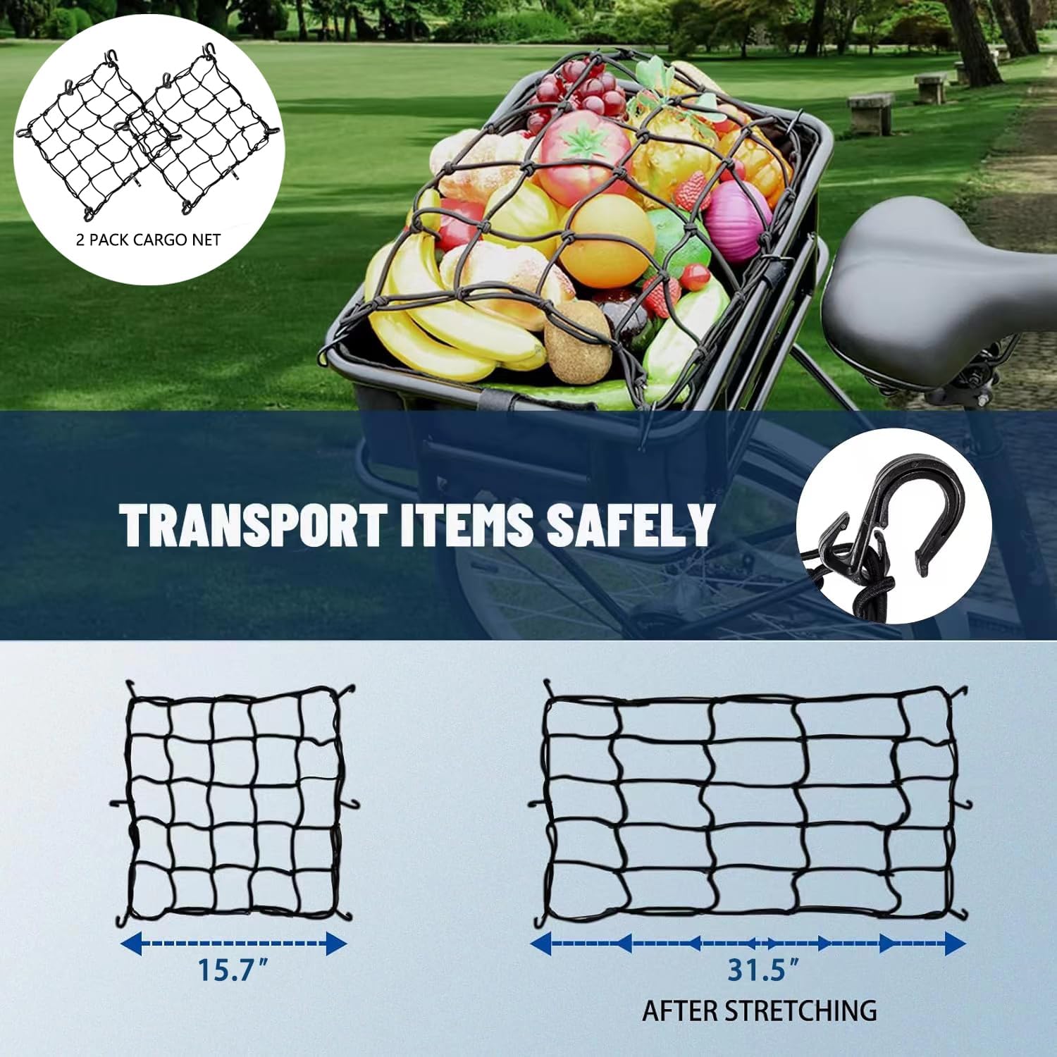 2 Pack Bike Cargo Net for Bike Tote and Basket, Cargo Netting for Bike Storage, 15.7” x 15.7”, Expandable Bungee Net with 6 Hooks, Bicycle Accessories, Black Color