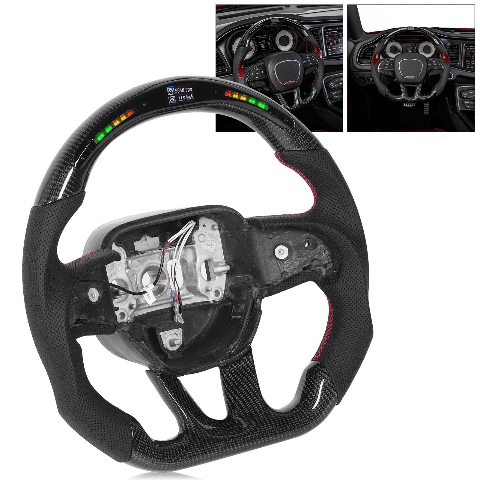 KIMISS Volante con Luces LED - Diseño de Carbono, Cargador HELLCAT 2015-2020 - Rendimiento Inspirado en las Carreras