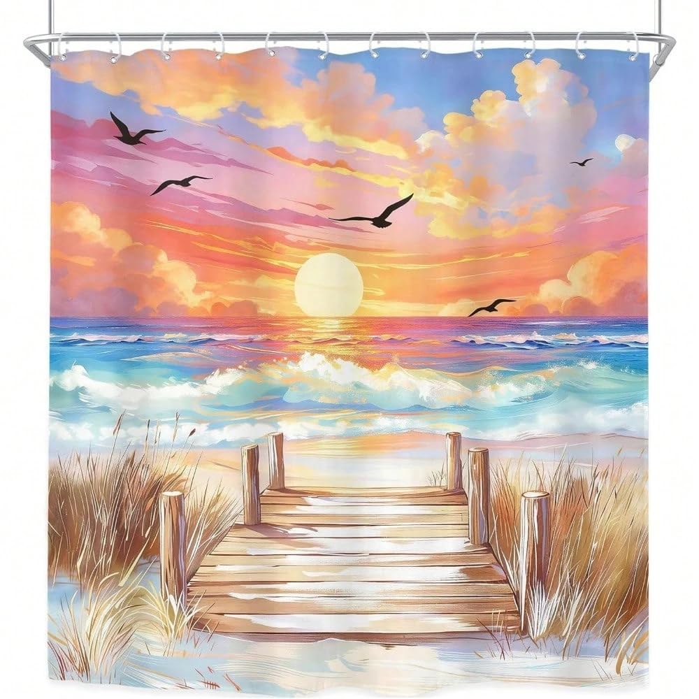 GLKSDLPO Ocean Beach Shower Curtain Sea Sunrise Nautical Coastal Painting Sky Seaside Waves Scenery Landscape Nature Bathroom Decor(120x200cm/47x79in(WxH)