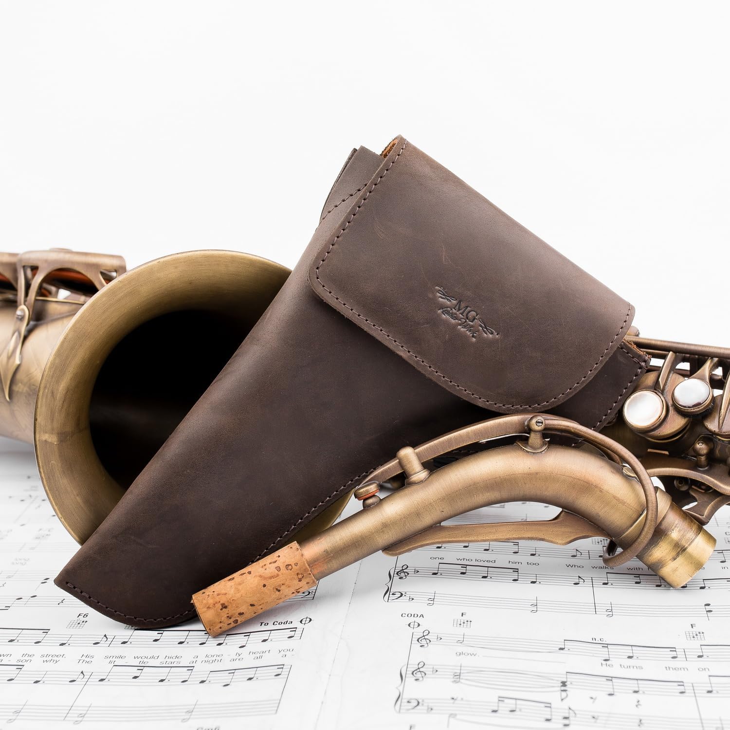 Alto/Tenor Saxophone Neck Pouch made of genuine Crazy Horse Leather by MG Leather Work. Sax Neck Bag, alto tenor saxophone neck holder Saxophone accessories (Alto, Dark Brown)