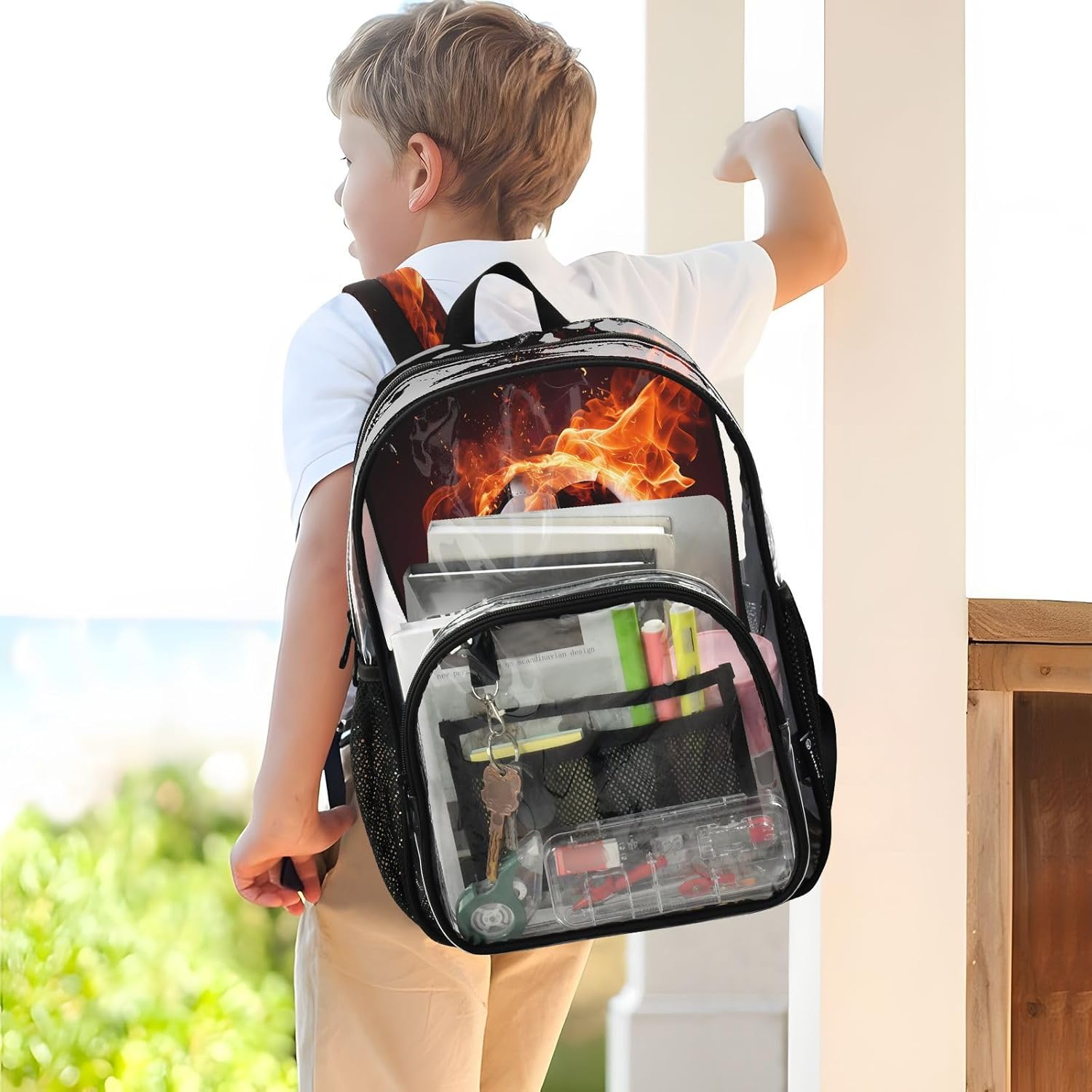 Fire Soccer Clear Backpack Heavy Duty See Through Transparent PVC BookBag for Kids Boy Girl Adult School Work