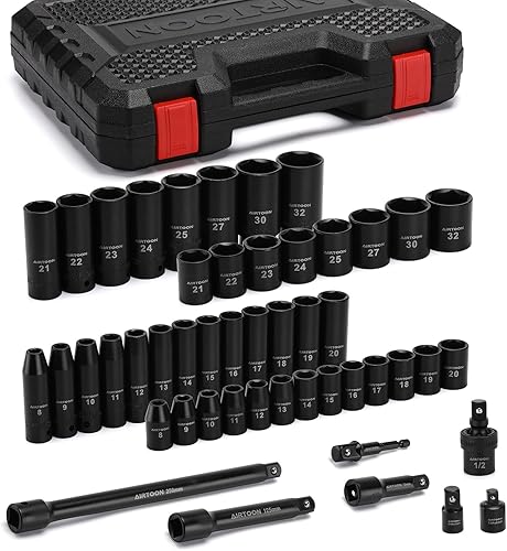 Miniatura 2 de AIRTOON Juego de llaves de impacto de 12 pulgada, 49 piezas de dados métricos profundos y poco profundos de 0.315 in a 1.260 in, 6 puntos, acero