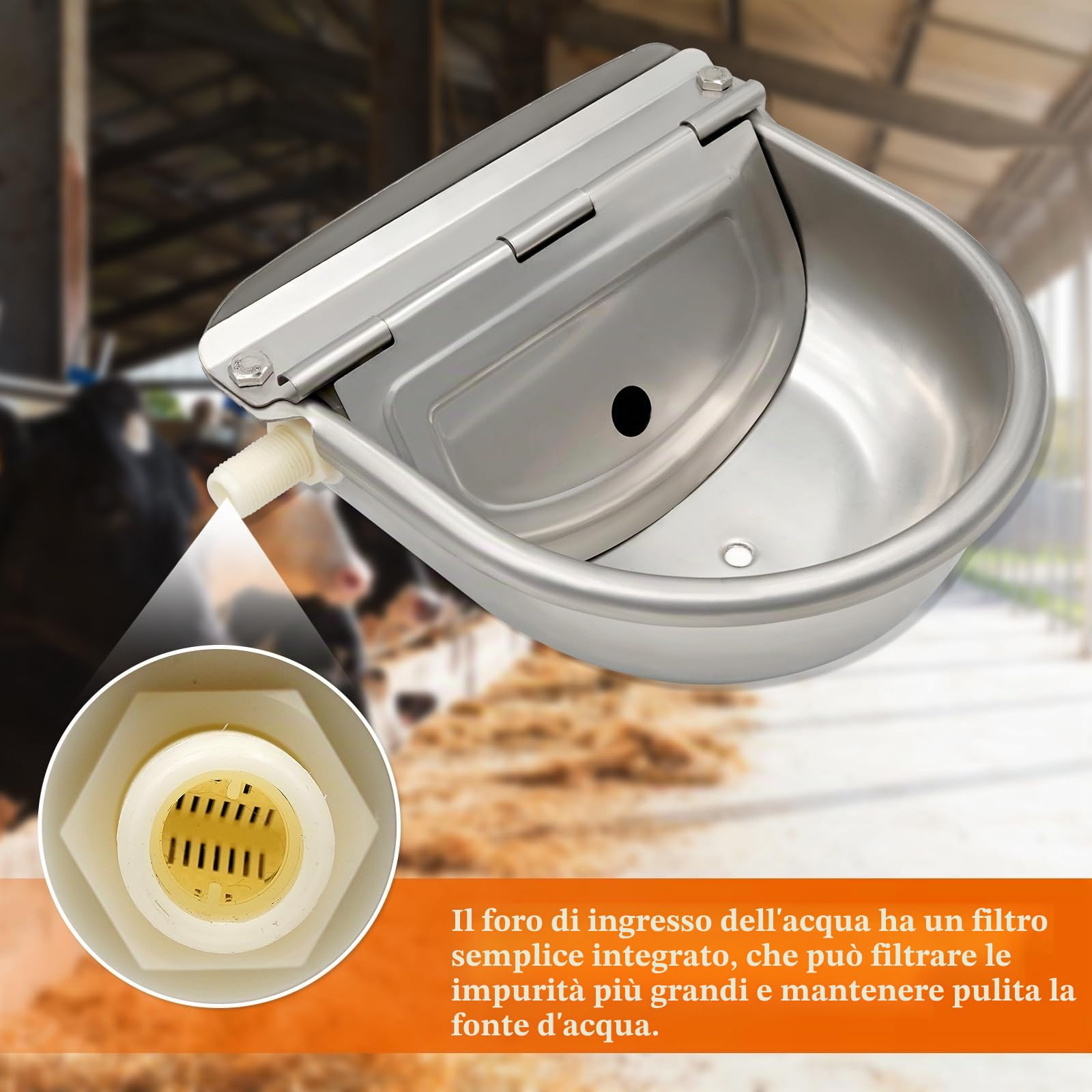 Abbeveratoio in Acciaio Inox con Tappo di Scarico e Connettore, Ciotola D'Acqua Automatica con Valvola a Galleggiante Regolabile per Bovini, Pecore, Capre, Cavalli, Cani, Bestiame