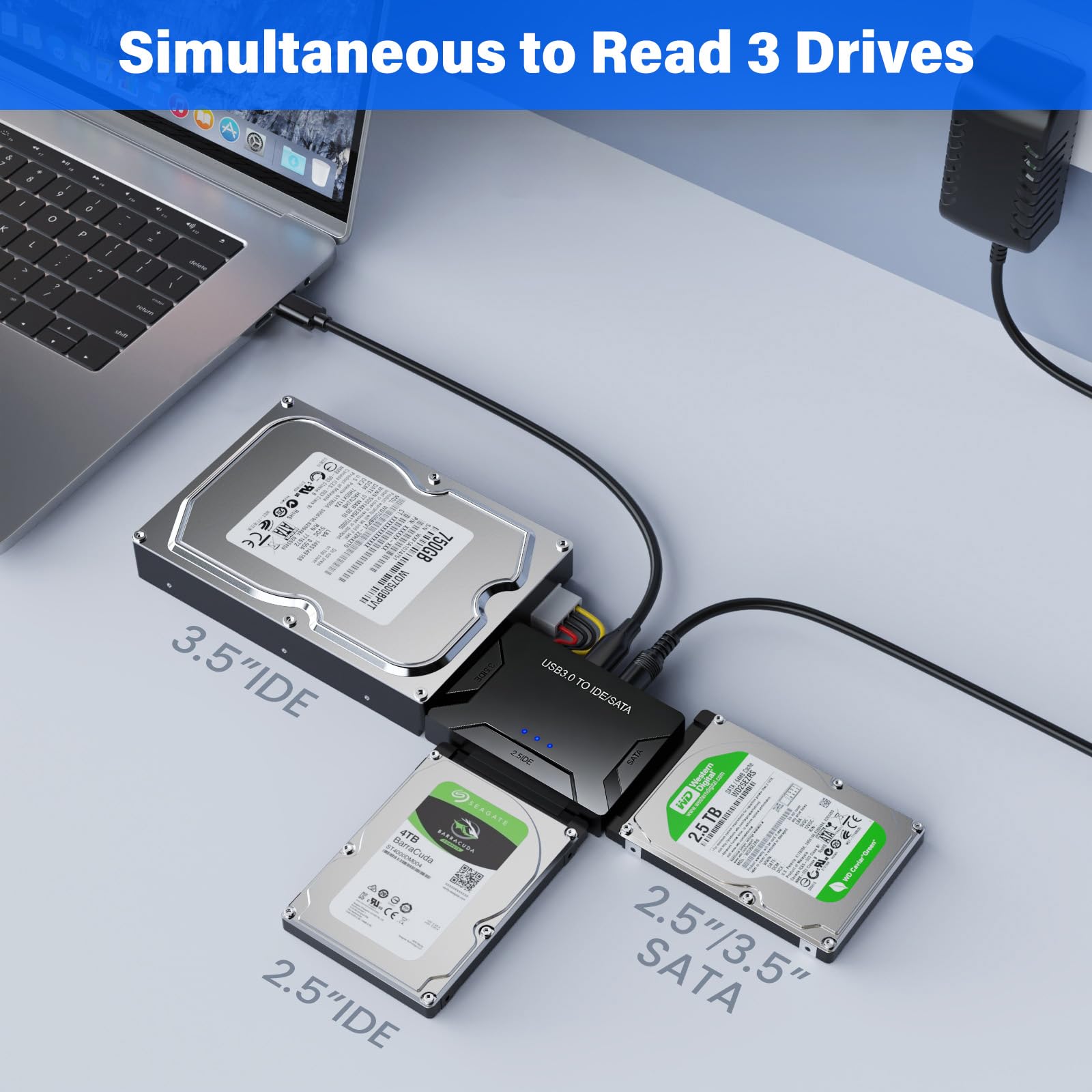 Leikurvo Adattatore USB 3.0 a SATA IDE per dischi rigidi SATA da 2,5/3,5 pollici, adattatore per disco rigido esterno con cavo USB+cavo SAT A+alimentatore da 12 V/2 A per Windows 10/8/7/XP/Mac