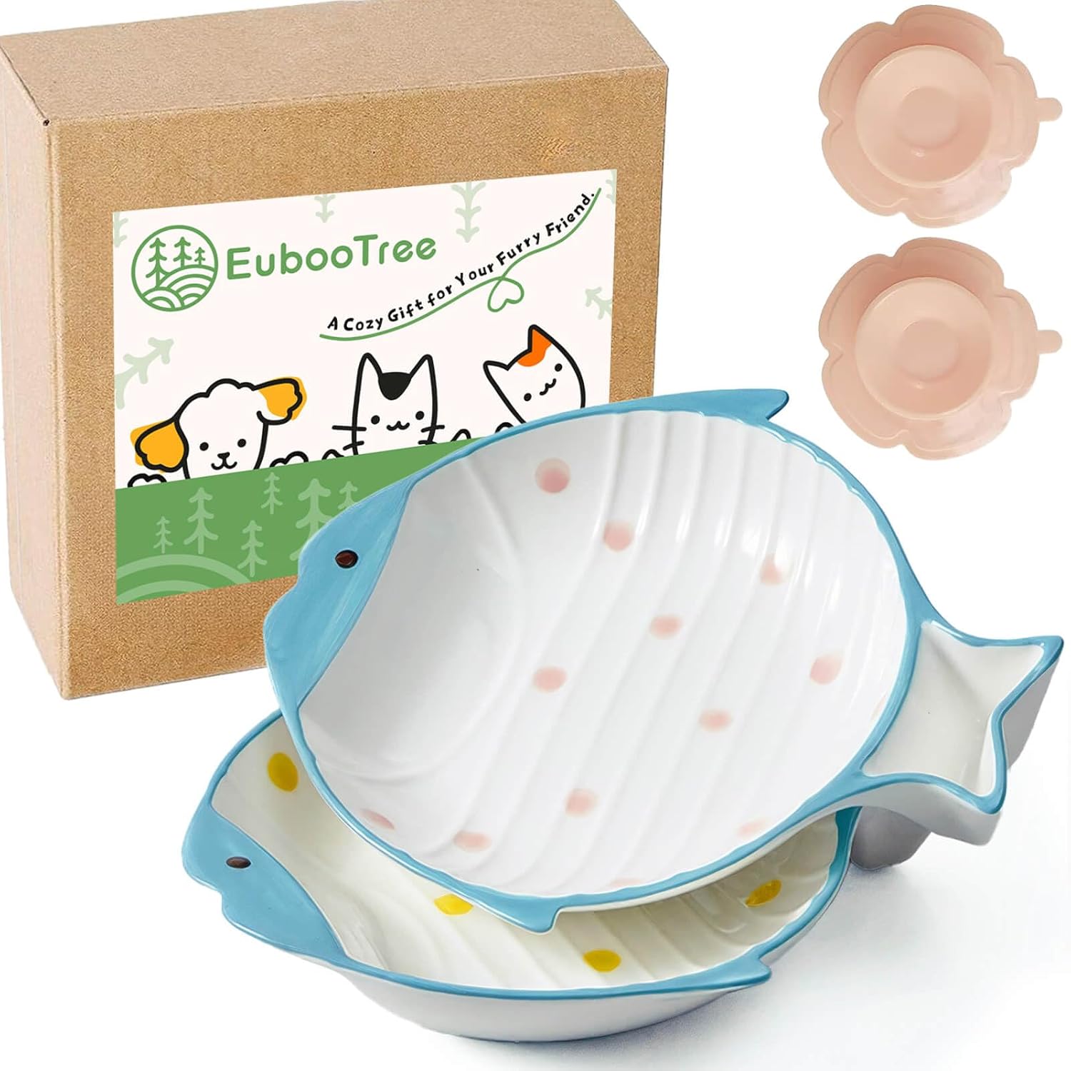 Ceramic Anti-Whisker Fatigue Cat Bowls, Shallow Wide Flat, Non-Slip Kitten Dishes for Wet & Dry Food, Whisker-Friendly Cute Fish Kitty Food Bowl for Indoor Cats, Pink & Yellow, 2-Pack