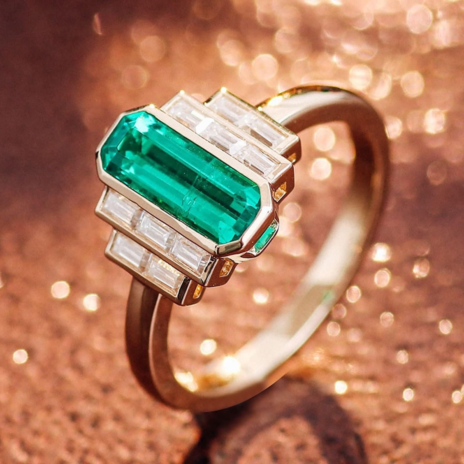 Bague de fiançailles rectangulaire en or jaune 9 carats avec émeraude verte et moissanite pour femme