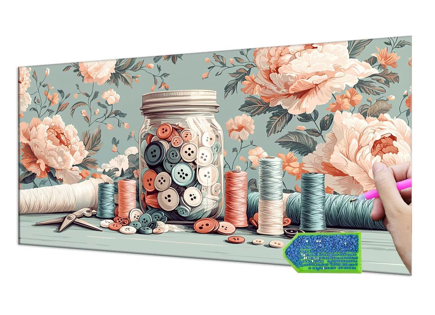 Diamond Painting Button Flower, 5D Diamant Painting Bilder Erwachsene Groß, Diamond Painting Set for Adults and Kinder Beginners, DIY Mosaic Making Craft Set for Home Wall Decoration 50x100 cm T-818