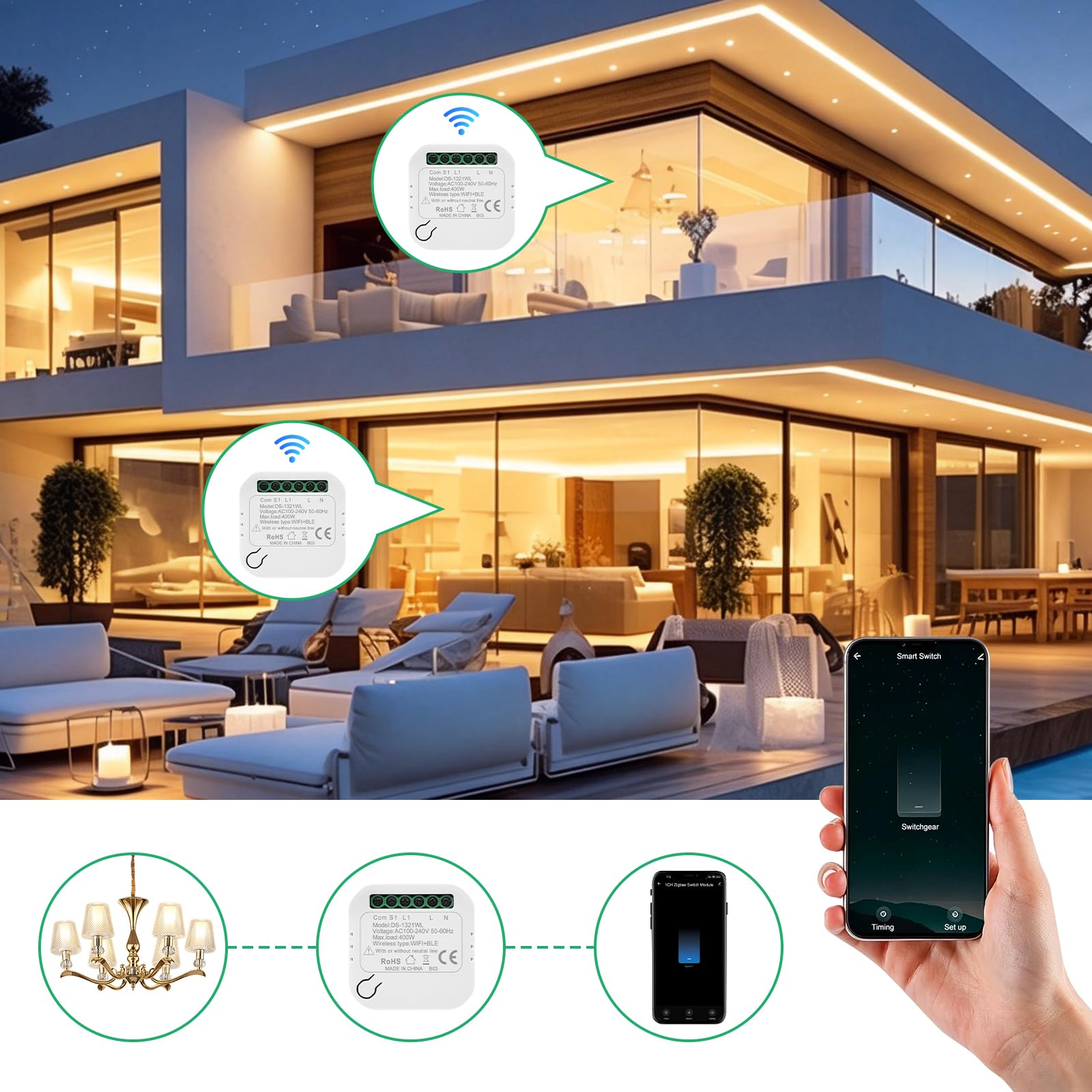 WiFi Interruptor Módulo Sin Neutro,Inteligente Interruptor, Smart Switch | Inteligente Luz Interruptor Sin Neutro Compatible con Alexa & Google Assistant, Mini Smart Switch WIFI con Tuya y Smart Life