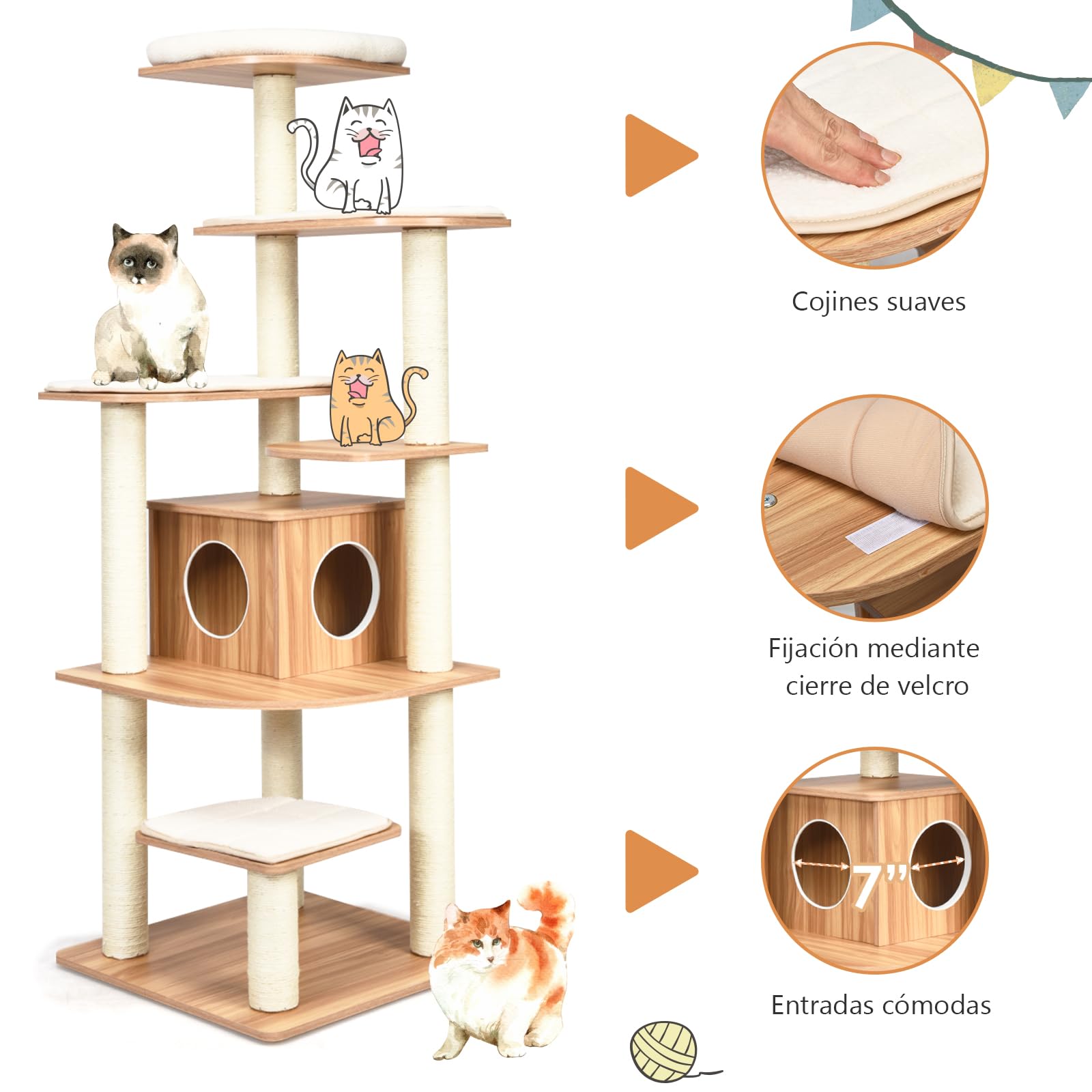 GOPLUS Árbol para Gatos de Madera de XXL 175 CM, Torre para Gatos de 6 Niveles con Poste Rascador de Sisal, Diseño Antivuelco, Cojines Cómodos, 59×49×140CM