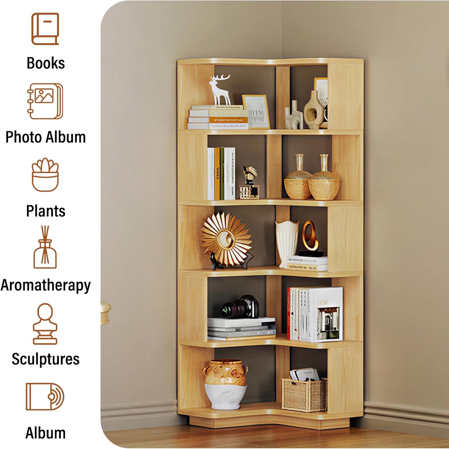 CozyDH Corner Book Shelf, 5 Tier Corner Bookshelf Etagere Bookcase with Baffle, Freestanding L Shaped Display Shelf Stand for Home Office, Living Room, Bedroom, Kitchen, Natural