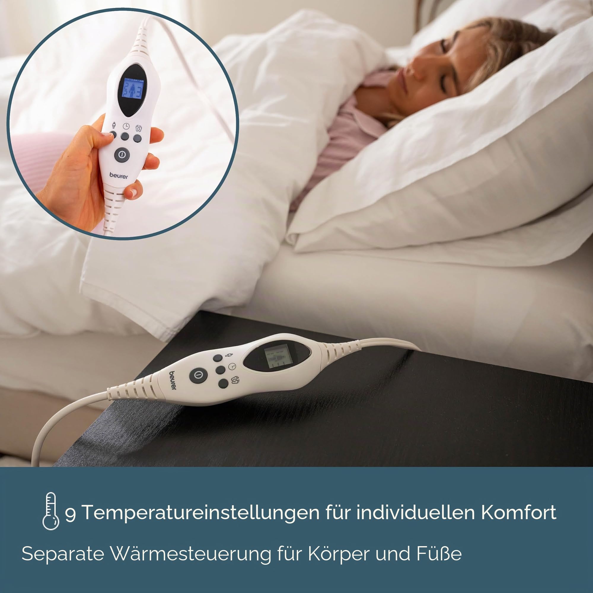 Beurer UWB70 Beheizter Matratzenschutz für Doppelbett, elektrischer Matratzenbezug mit getrennter Fuß-/Körperwärme, automatische Abschaltung, 9 Heizstufen, Schutz