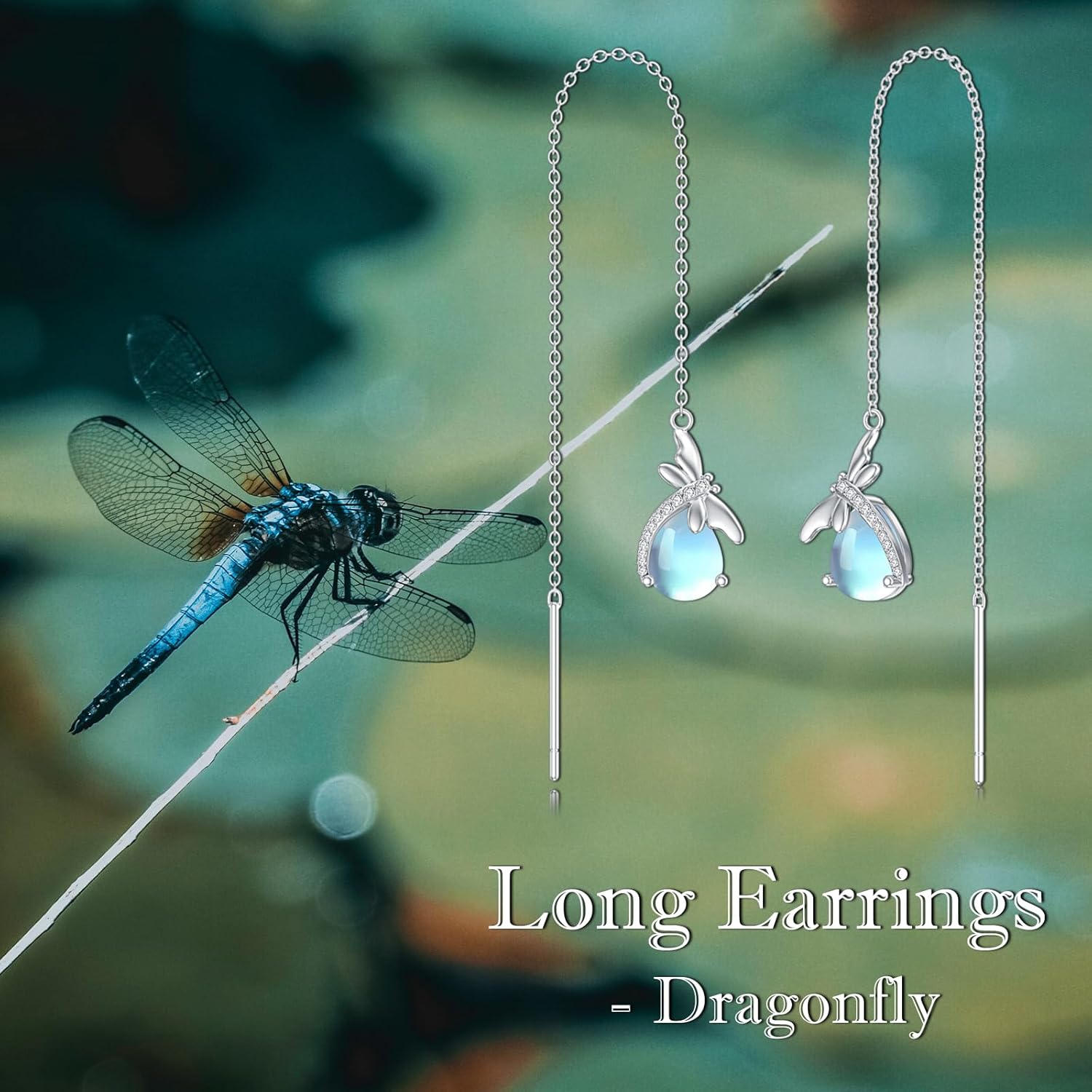 925 Sterling Silver Moonstone Long Chain Earrings Hummingbird/Cat/Clover with June Birthstone Threader Earrings for Women