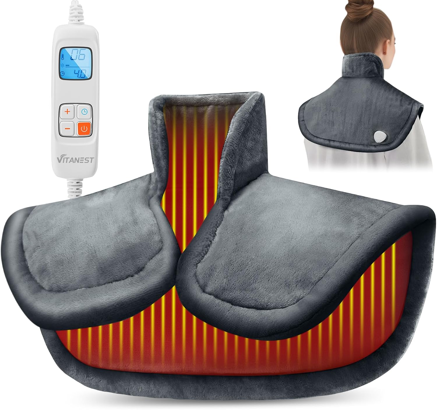 VITANEST Heating Pad for Neck and Shoulders, Weighted Instant Heating Pads for Pain Relief, Large Heated Wrap with 6 Heat Settings & 4 Auto-Off Timer, Gifts for Mom, Dad, Elder, Family, 24"x20",Gray A-gray 24"x20"