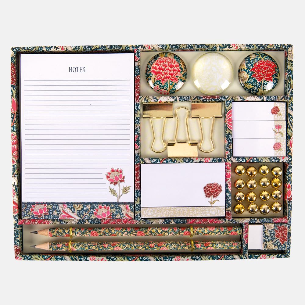 William Morris Cray Stationery Set – Desk Organiser Gift Box with Notepads, Sticky Notes, Pencils, Magnets & Clips – Decorative Floral Office Supplies Set for Home, School & Office