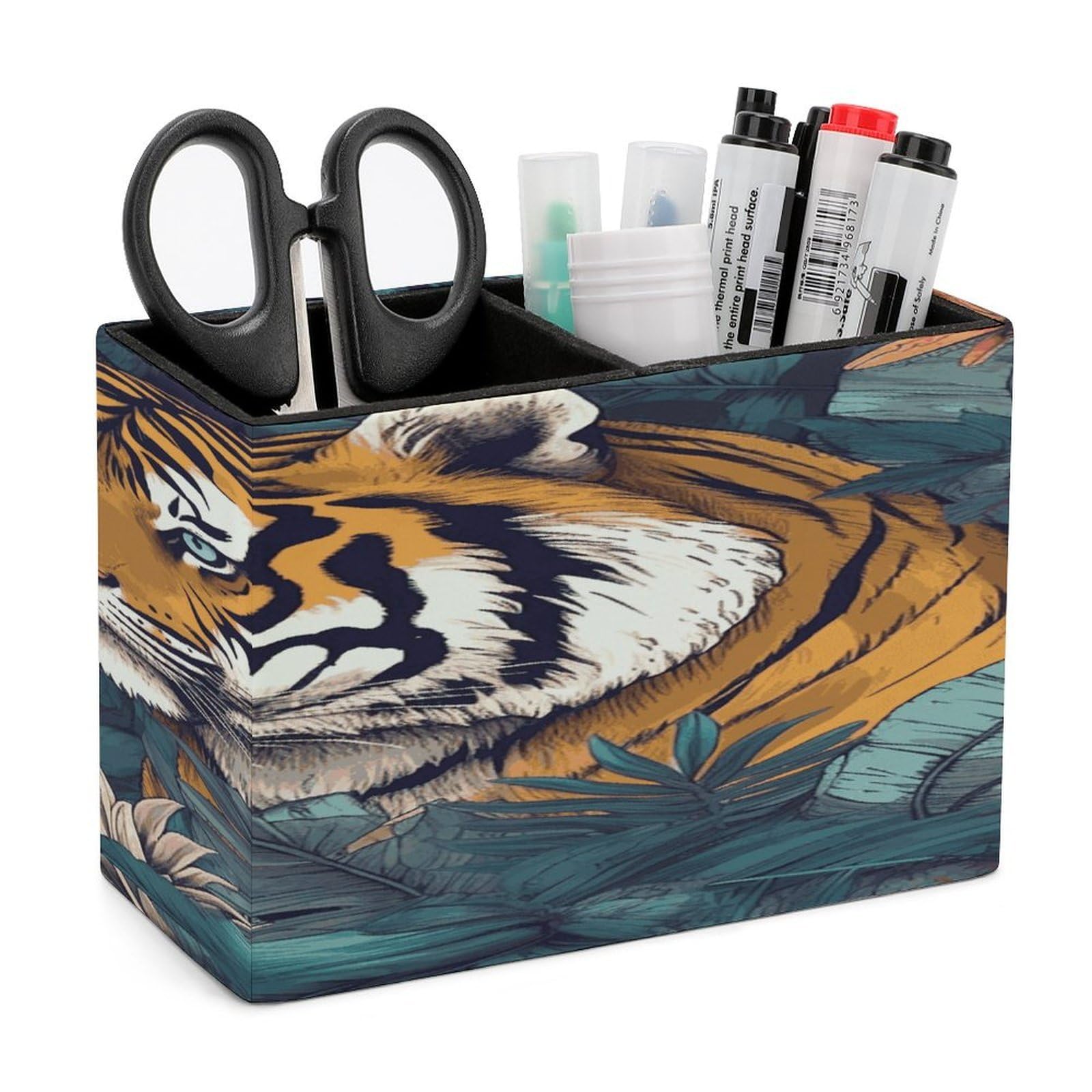 VstaDank Tropical Tiger Pencil Holder for Desk(Double Slots) Fashion Leather Pencil Cup Simple Rectangular Shape Pen Holder Multi-Functional Pen Cup for Home Office Supplies Storage