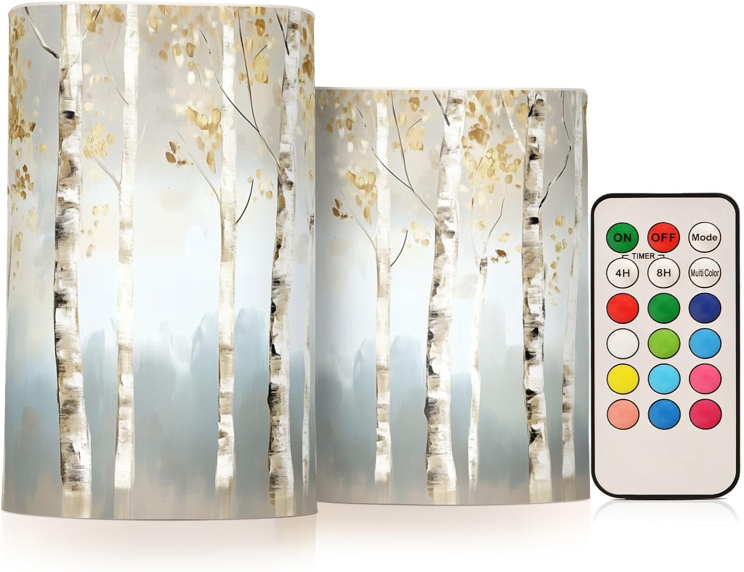 White Birch Trees Gold Leaf Flickering Flameless Candles LED Battery Operated with Remote Timer Pillar Candles for Home Birthday Wedding Christmas Decor, Set of 2