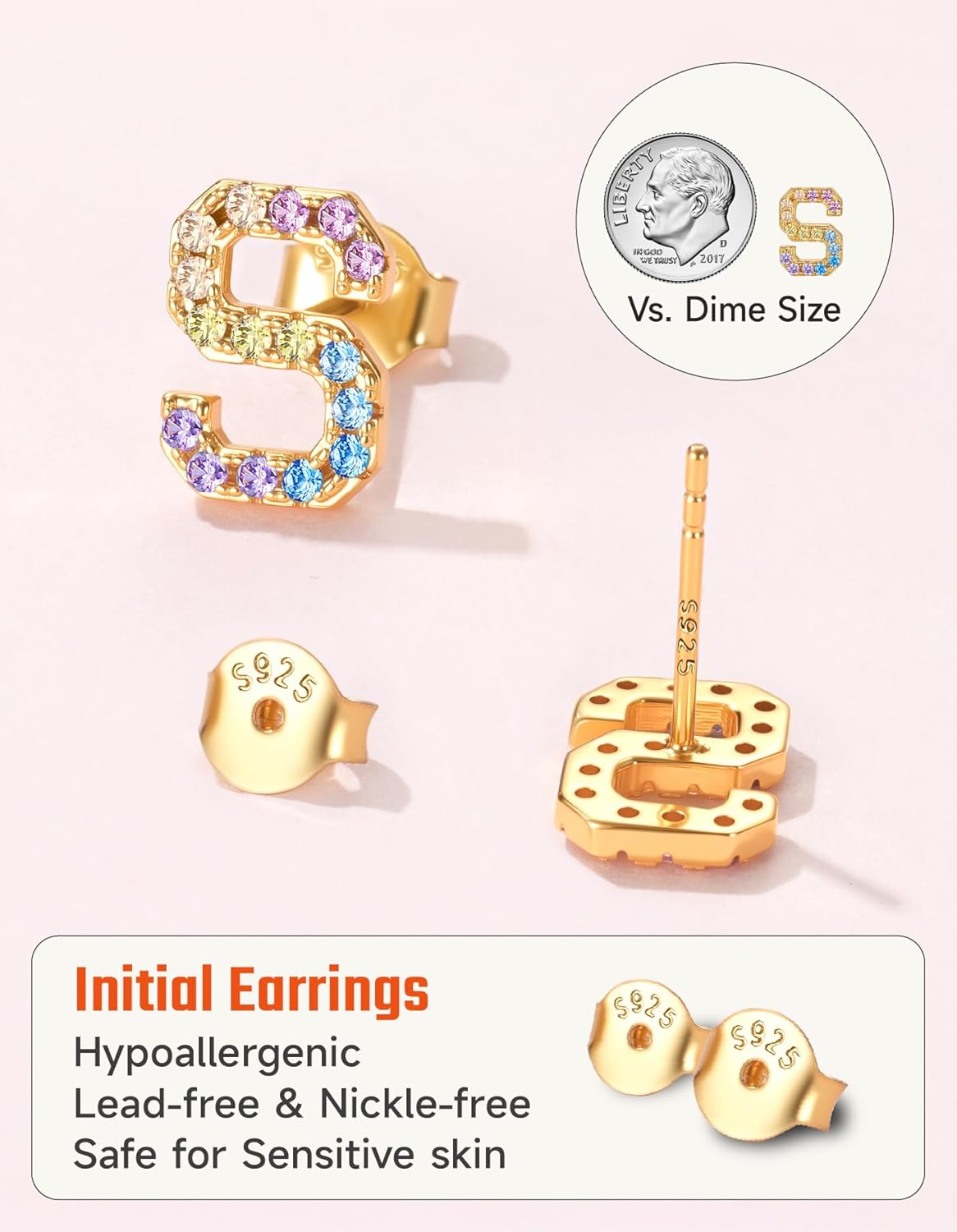 14K Gold Plated Initial Earrings Studs with 5A Cubic Zirconia, Sterling Silver Post Push Backs CZ Simulated Diamond Hypoallergenic Alphabet Letter Studs for Women Jewelry Gifts Initial A-Z - Image 5